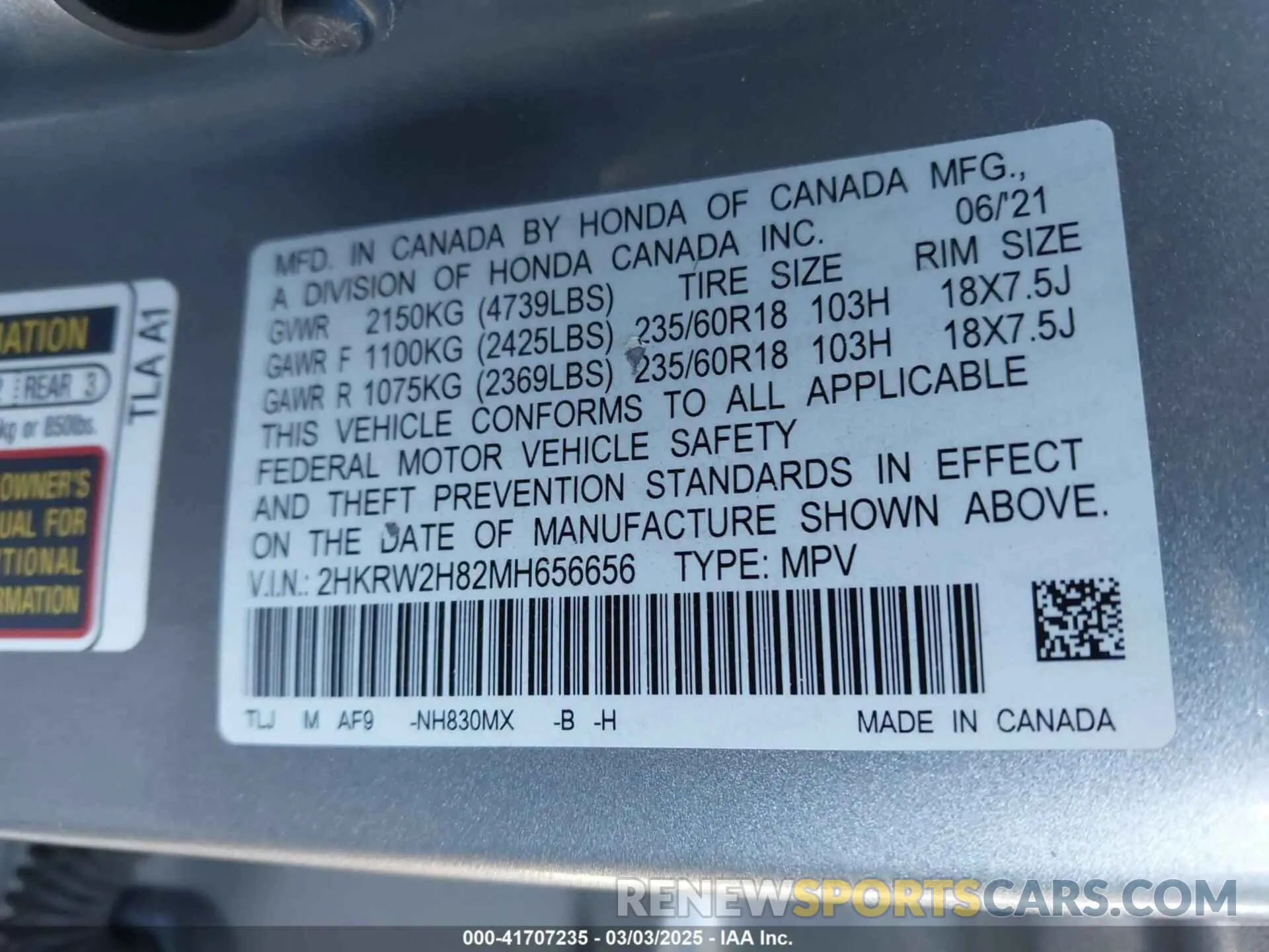9 Photograph of a damaged car 2HKRW2H82MH656656 HONDA CR-V 2021