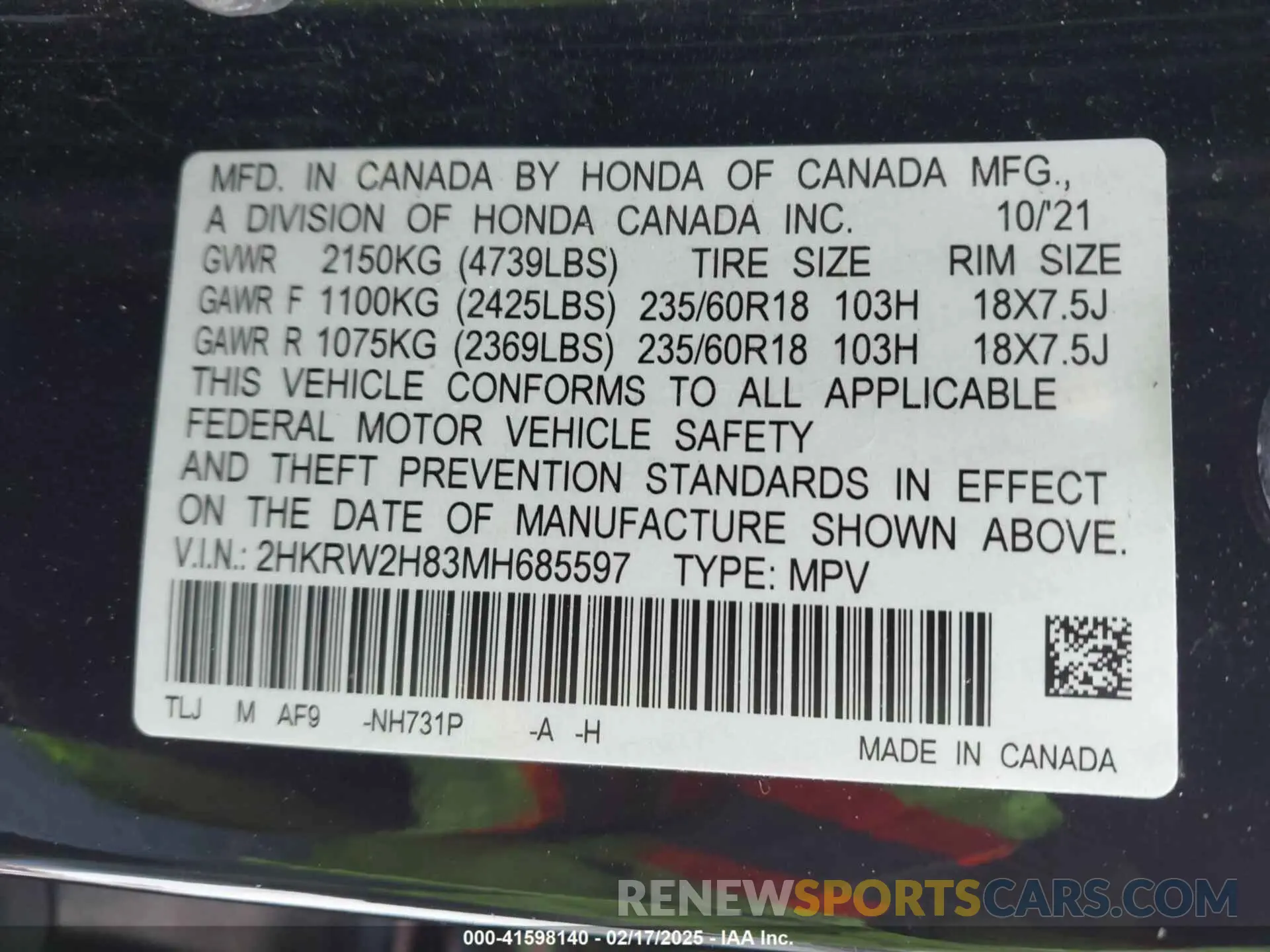 9 Фотография поврежденного автомобиля 2HKRW2H83MH685597 HONDA CR-V 2021