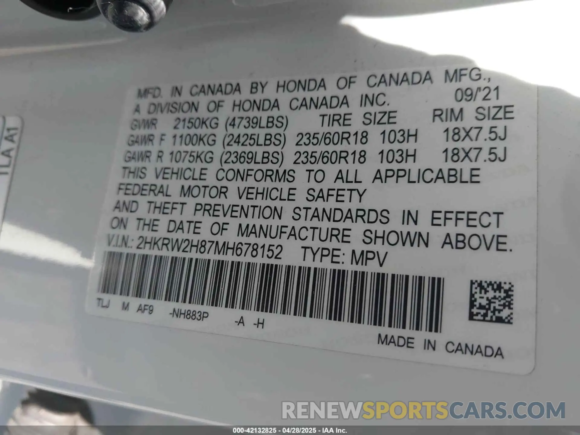 9 Photograph of a damaged car 2HKRW2H87MH678152 HONDA CR-V 2021