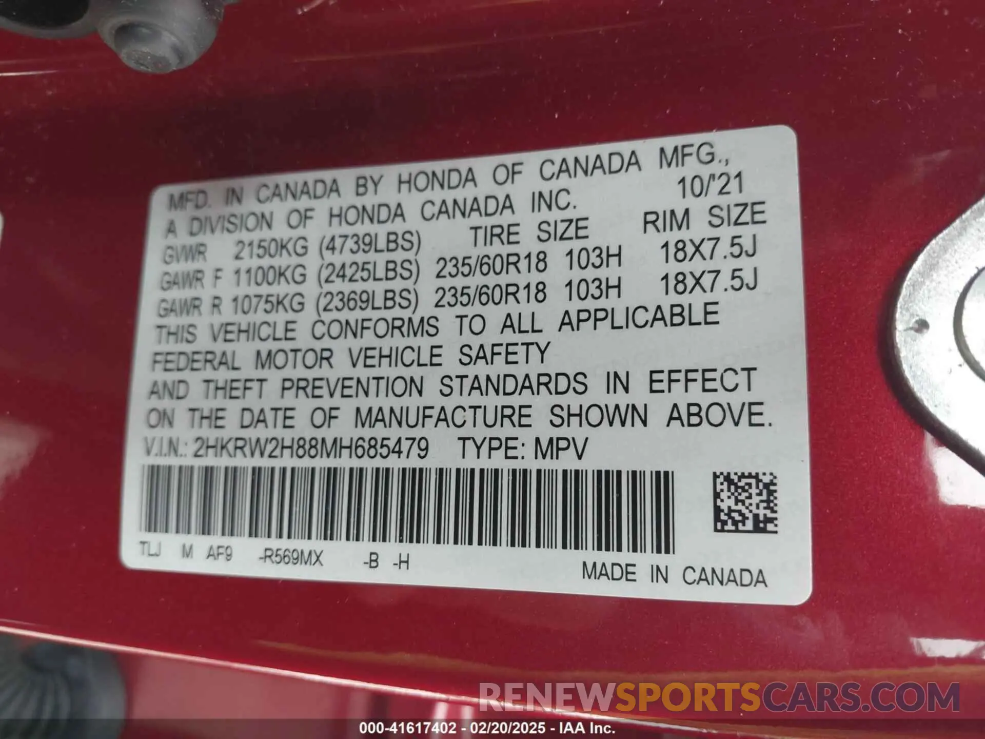 9 Фотография поврежденного автомобиля 2HKRW2H88MH685479 HONDA CR-V 2021
