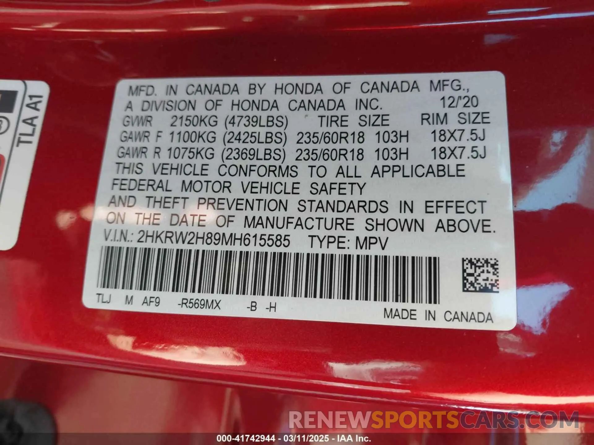 9 Photograph of a damaged car 2HKRW2H89MH615585 HONDA CR-V 2021