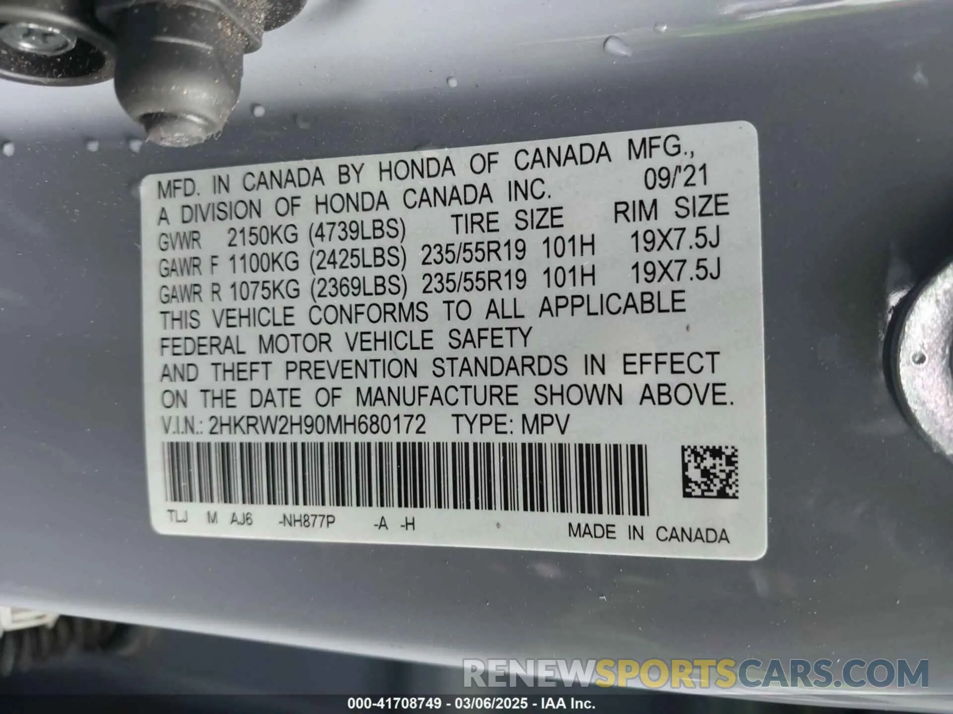 9 Photograph of a damaged car 2HKRW2H90MH680172 HONDA CR-V 2021