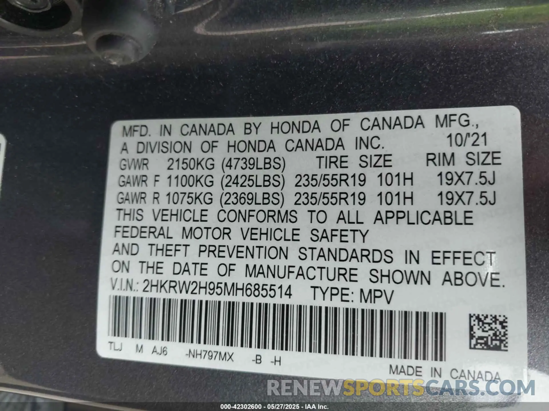 9 Photograph of a damaged car 2HKRW2H95MH685514 HONDA CR-V 2021