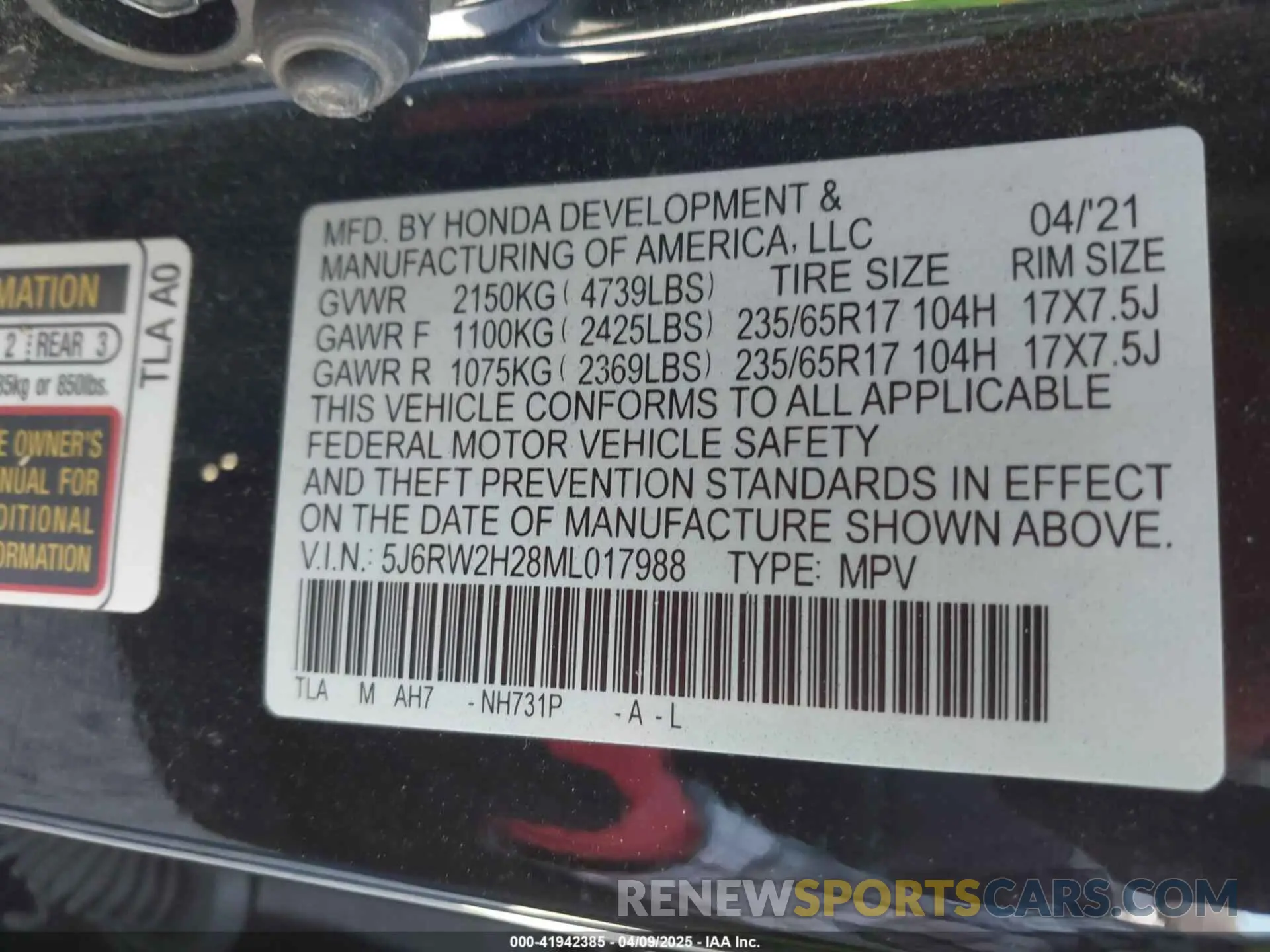 9 Фотография поврежденного автомобиля 5J6RW2H28ML017988 HONDA CR-V 2021