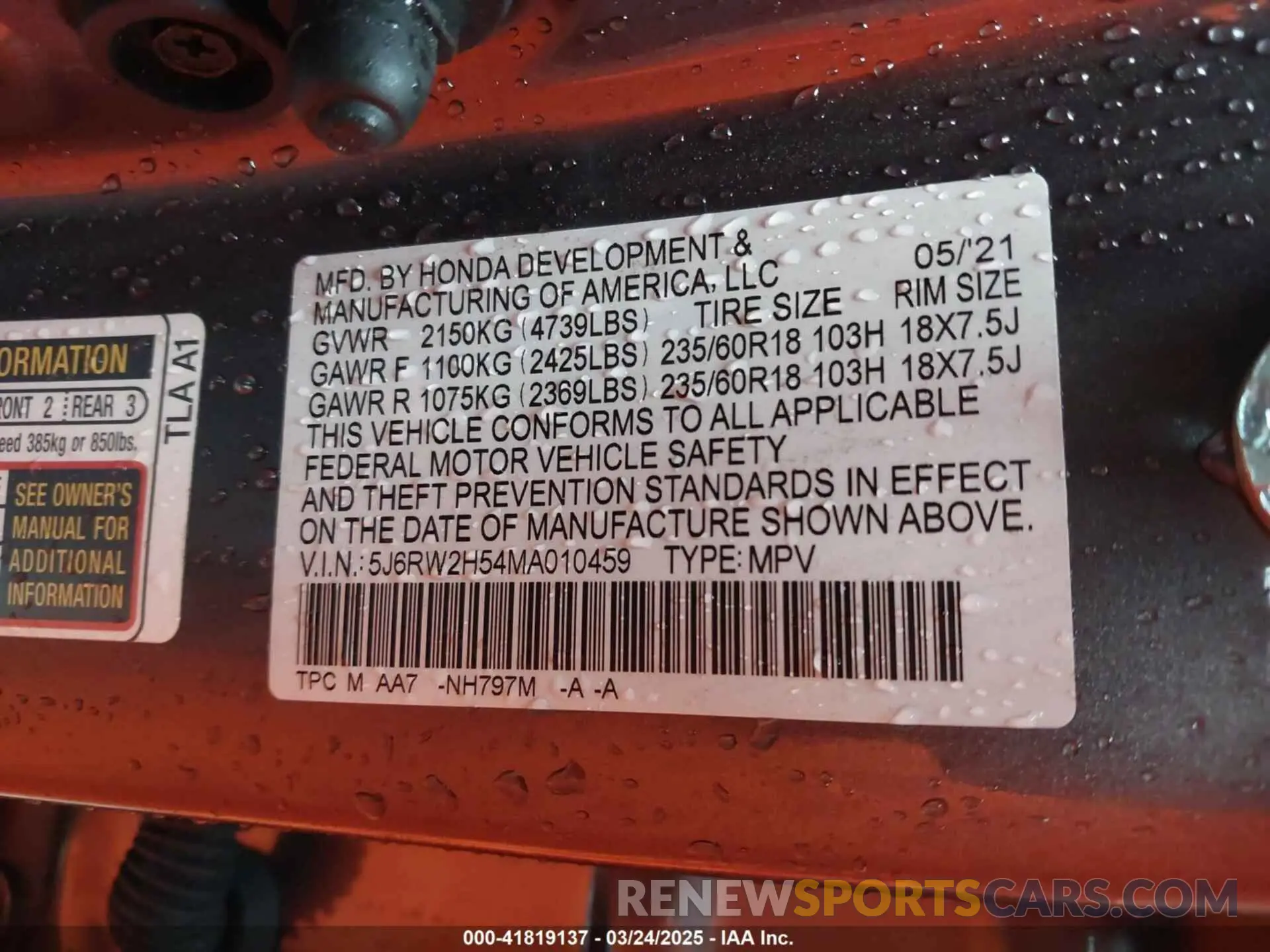 9 Фотография поврежденного автомобиля 5J6RW2H54MA010459 HONDA CR-V 2021