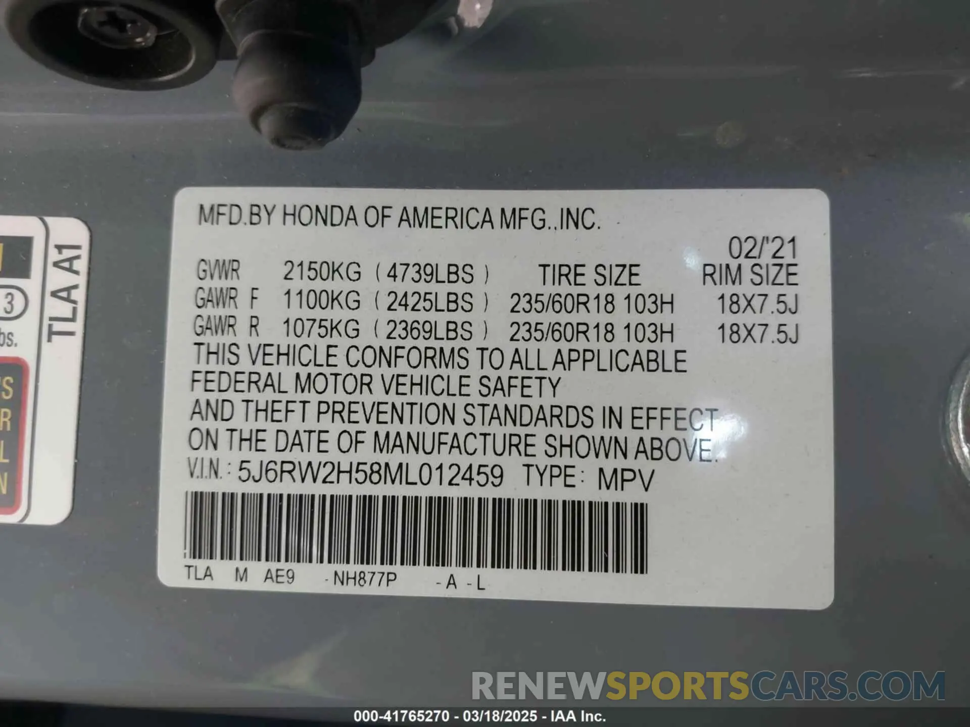9 Фотография поврежденного автомобиля 5J6RW2H58ML012459 HONDA CR-V 2021