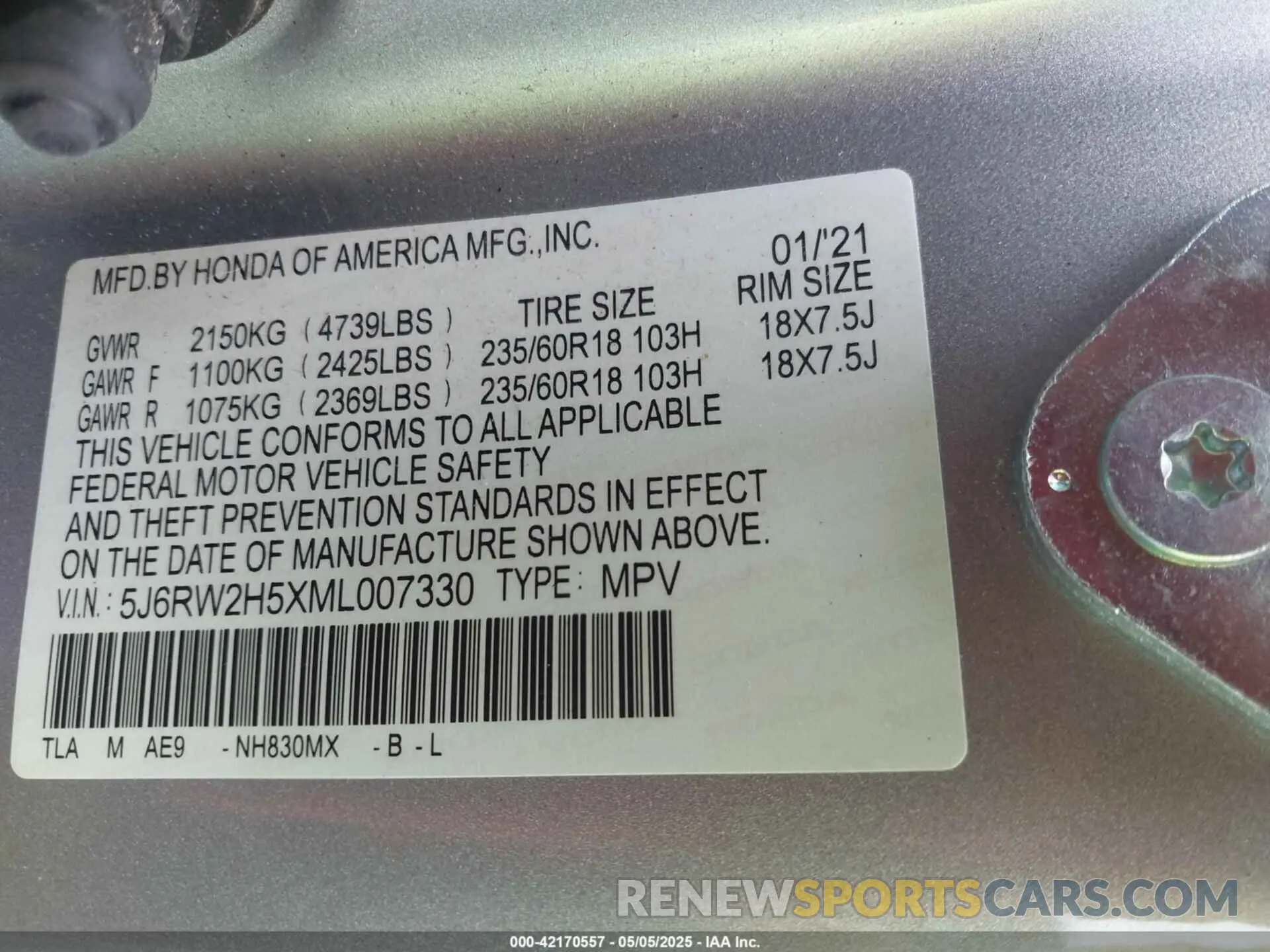 9 Фотография поврежденного автомобиля 5J6RW2H5XML007330 HONDA CR-V 2021