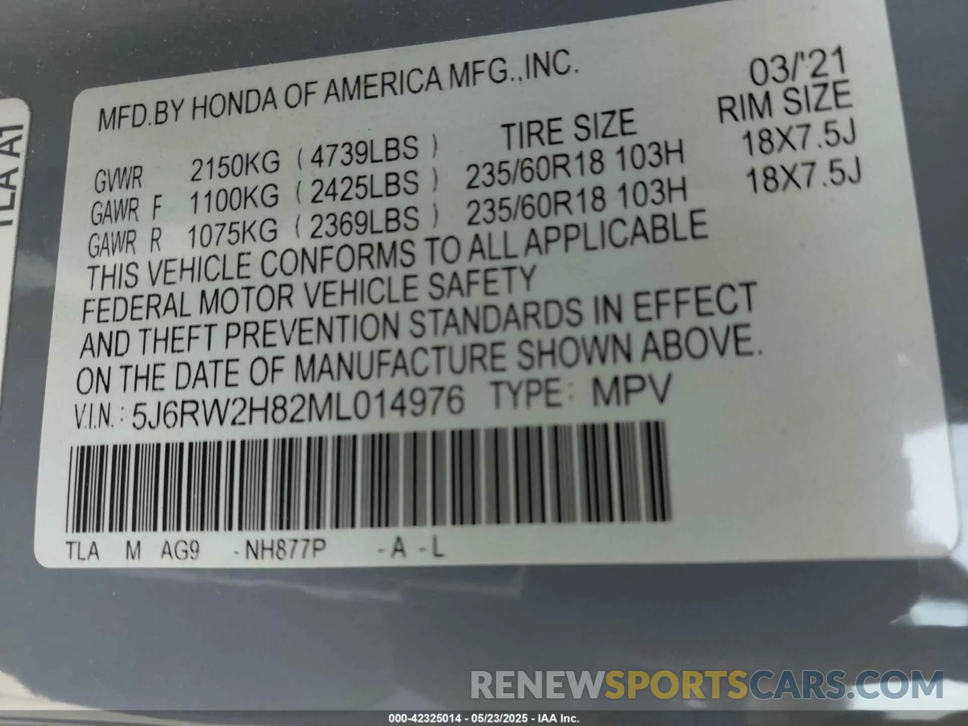 9 Фотография поврежденного автомобиля 5J6RW2H82ML014976 HONDA CR-V 2021