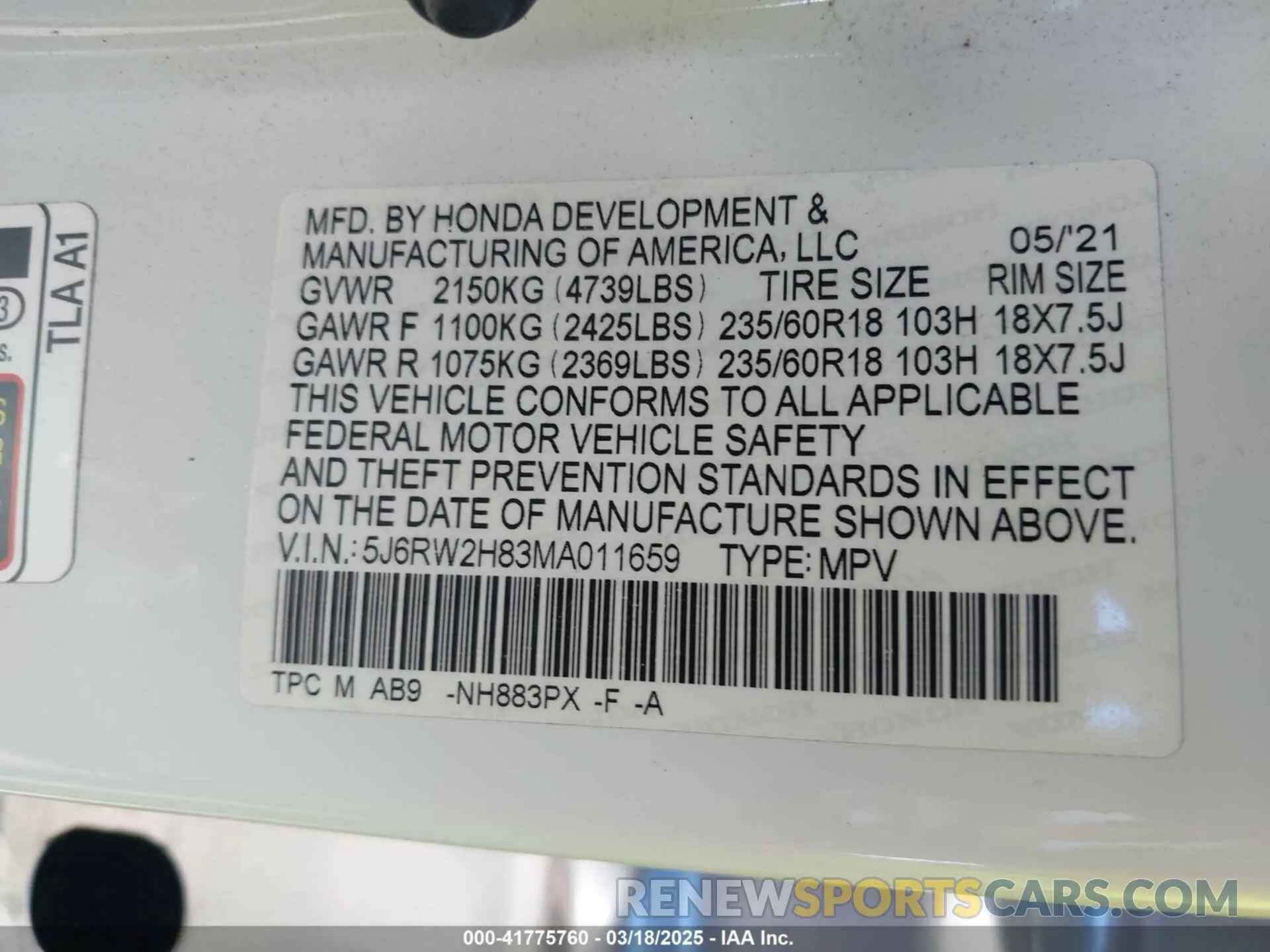 9 Фотография поврежденного автомобиля 5J6RW2H83MA011659 HONDA CR-V 2021