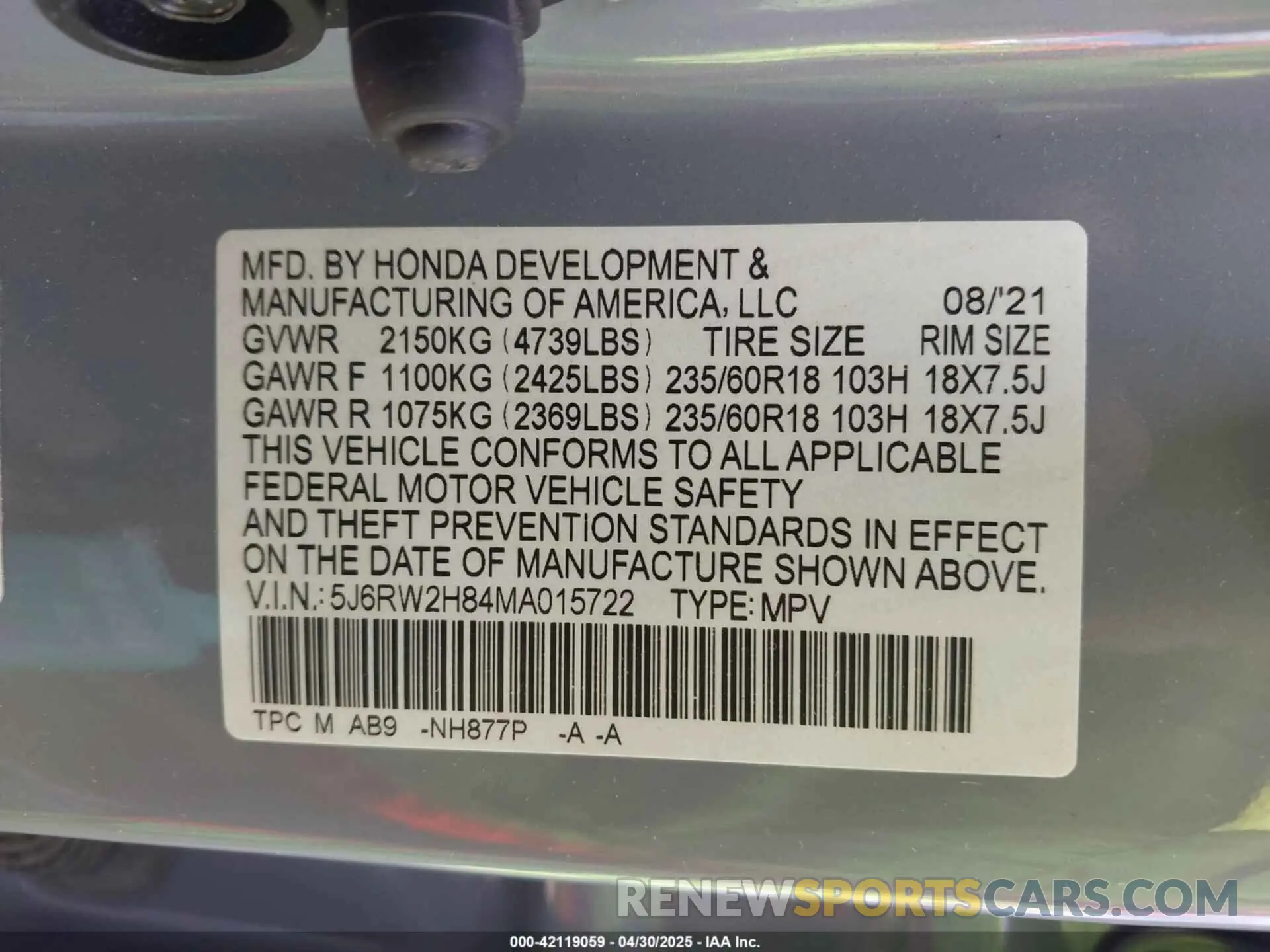 9 Фотография поврежденного автомобиля 5J6RW2H84MA015722 HONDA CR-V 2021
