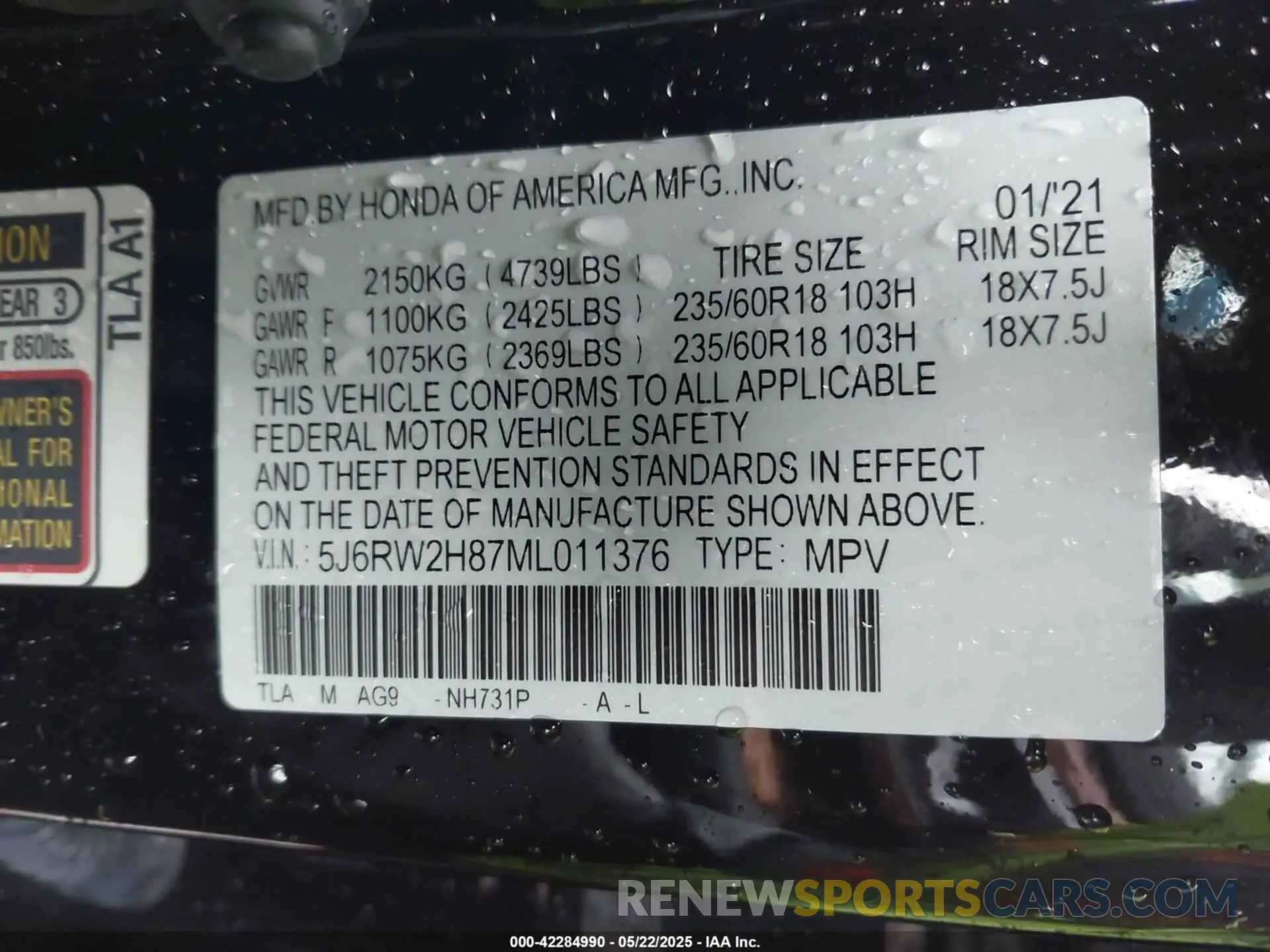 9 Фотография поврежденного автомобиля 5J6RW2H87ML011376 HONDA CR-V 2021