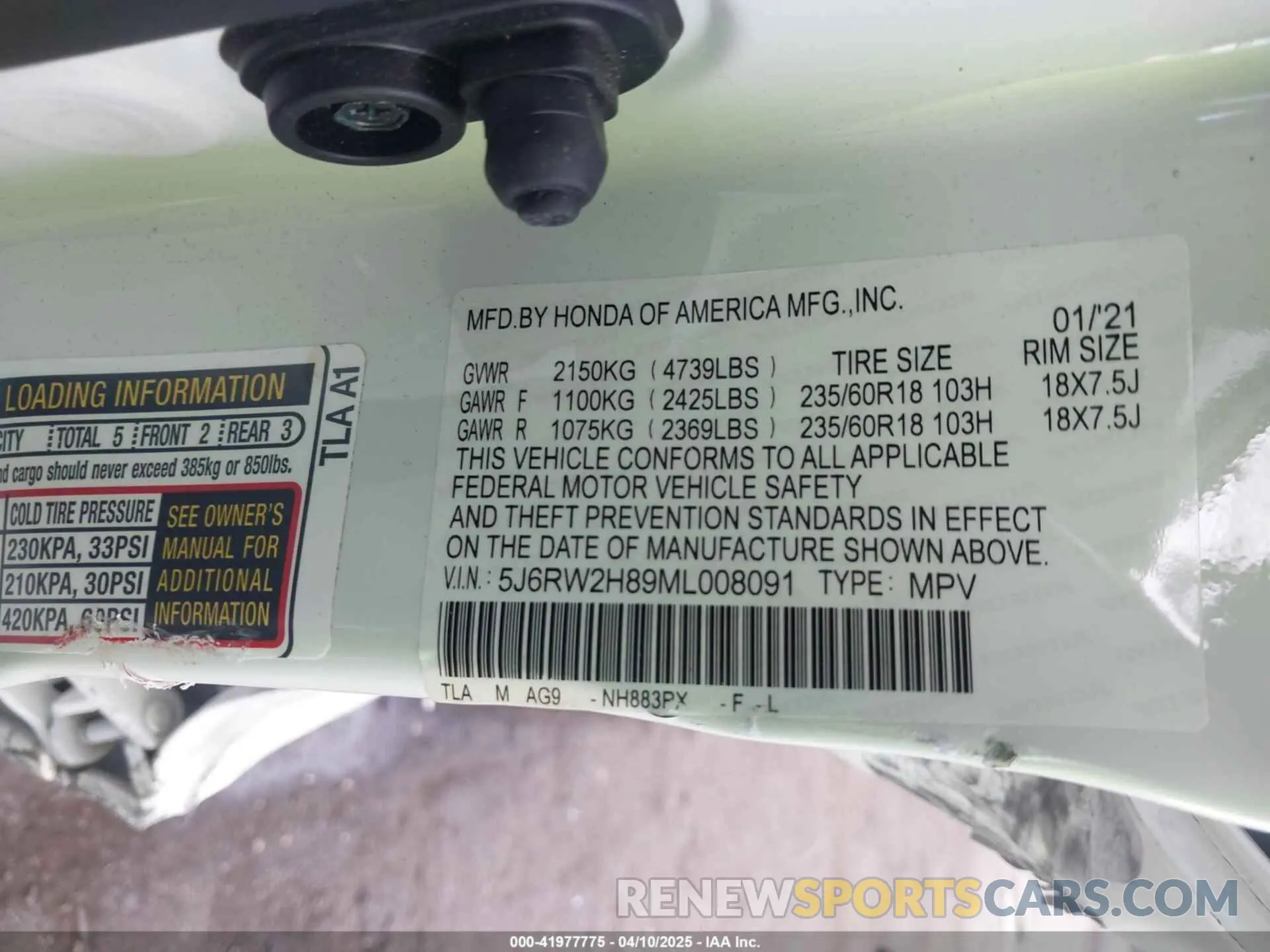 9 Фотография поврежденного автомобиля 5J6RW2H89ML008091 HONDA CR-V 2021