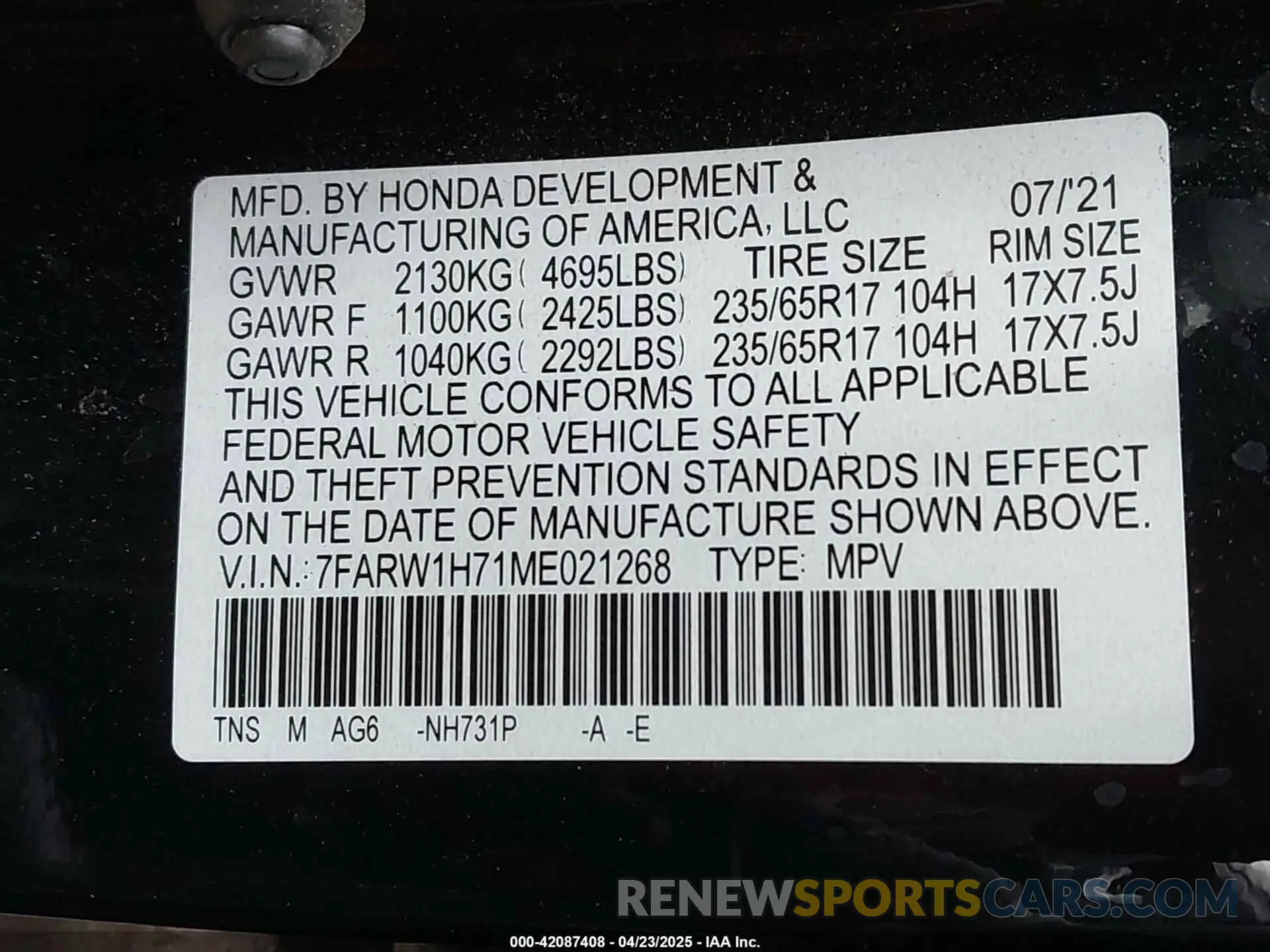 9 Фотография поврежденного автомобиля 7FARW1H71ME021268 HONDA CR-V 2021