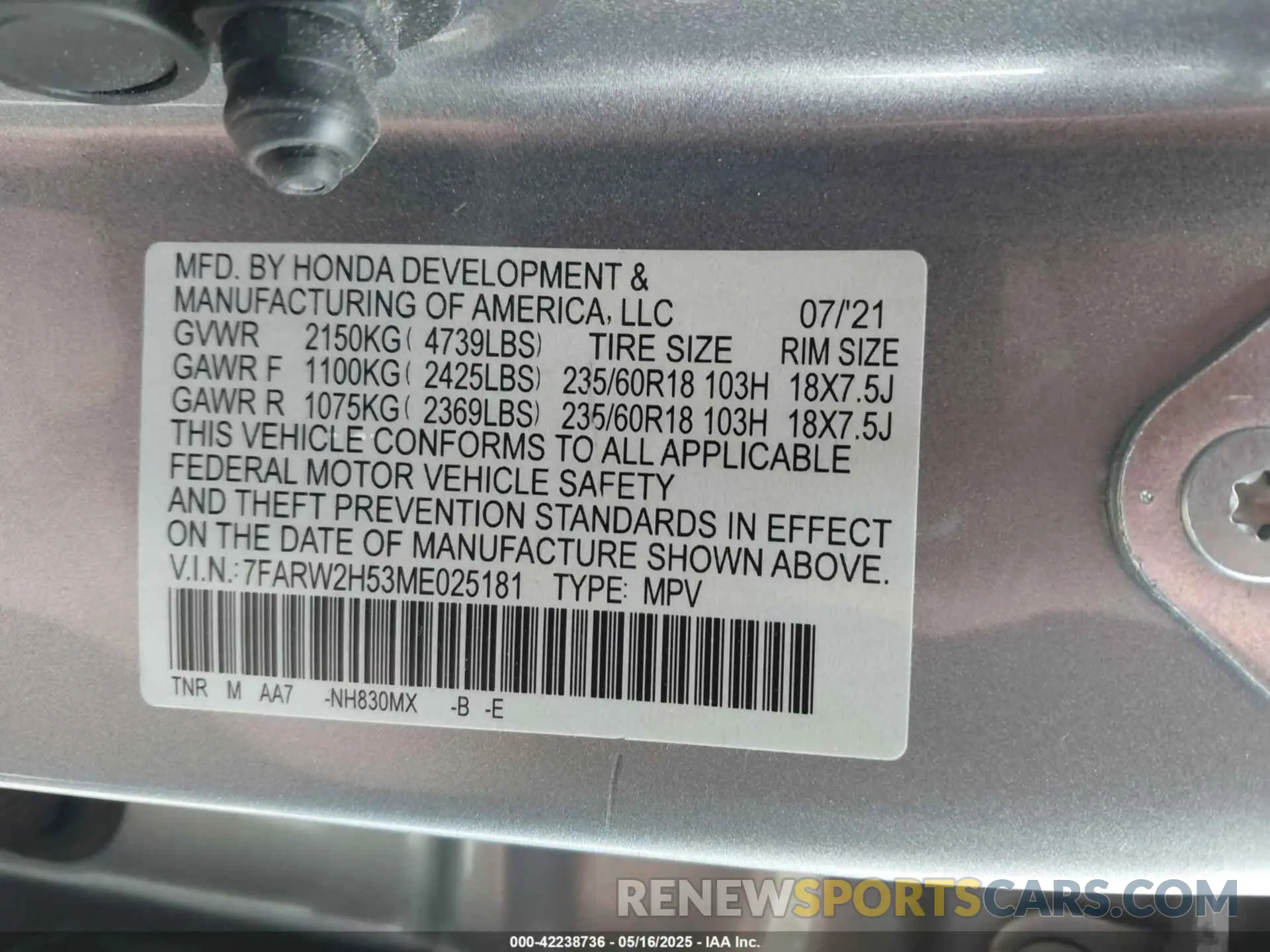 9 Фотография поврежденного автомобиля 7FARW2H53ME025181 HONDA CR-V 2021