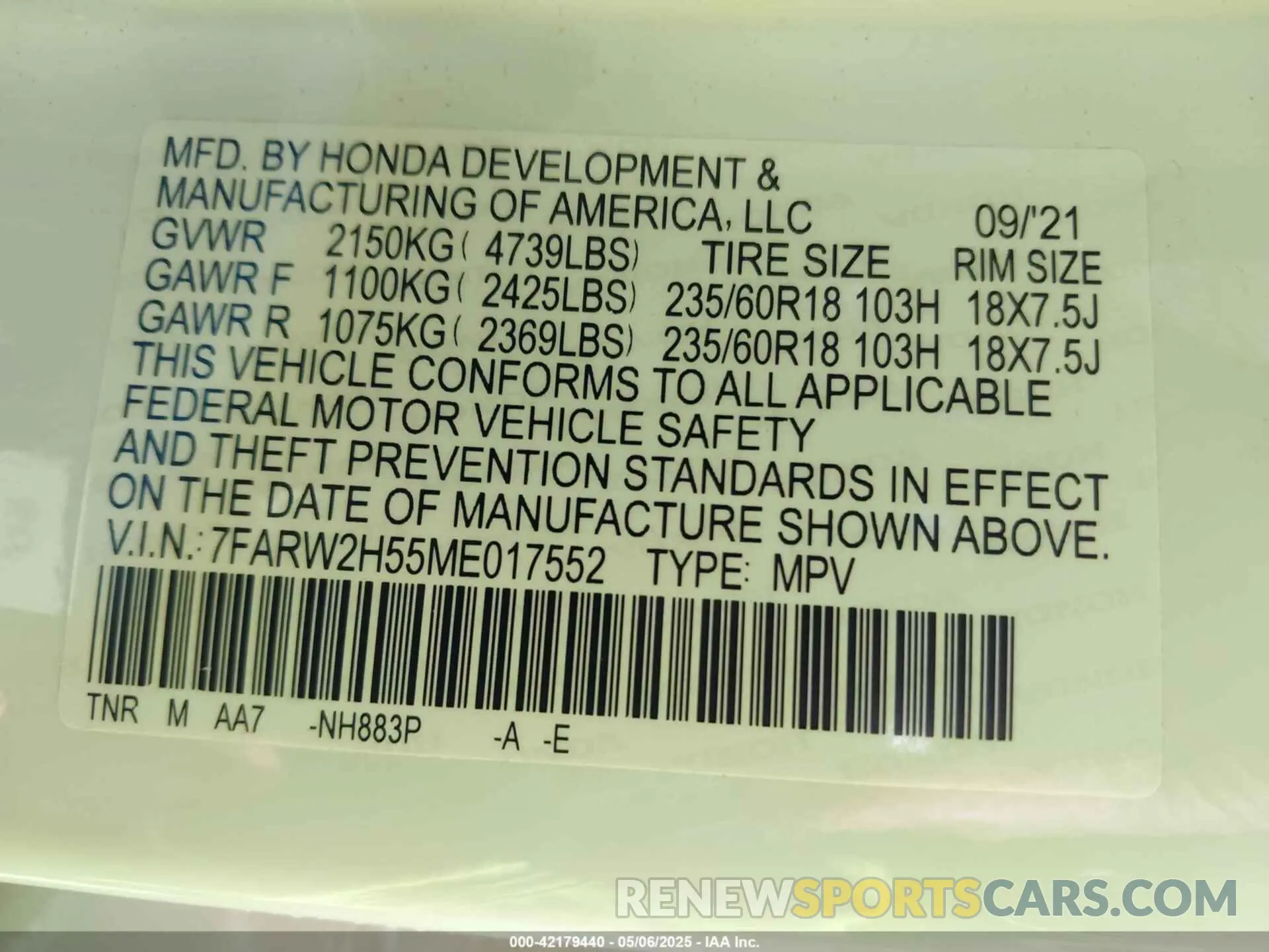 9 Фотография поврежденного автомобиля 7FARW2H55ME017552 HONDA CR-V 2021