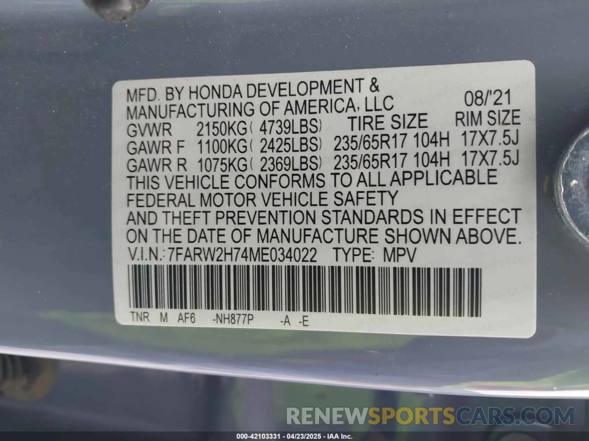 9 Фотография поврежденного автомобиля 7FARW2H74ME034022 HONDA CR-V 2021