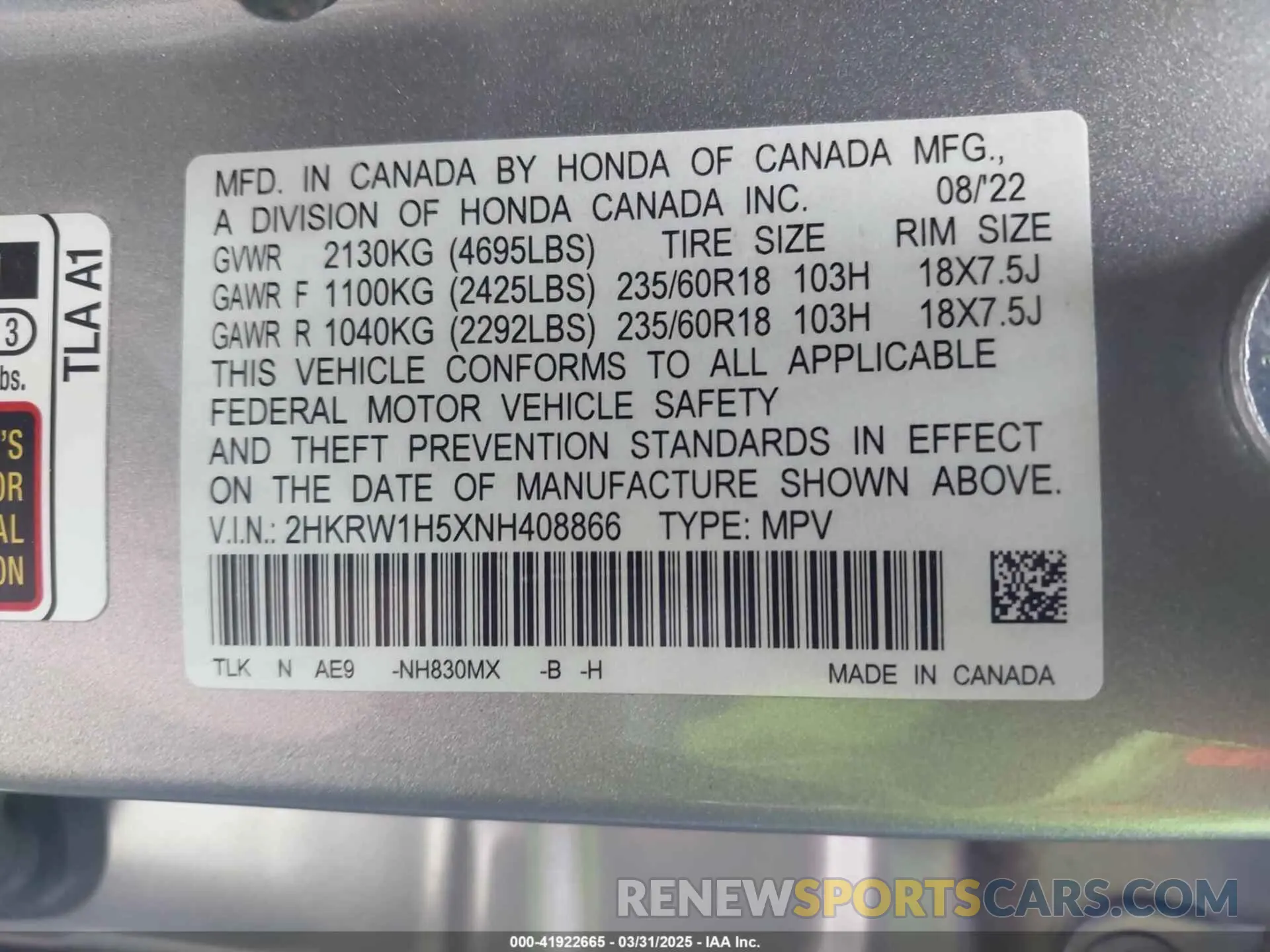 9 Photograph of a damaged car 2HKRW1H5XNH408866 HONDA CR-V 2022