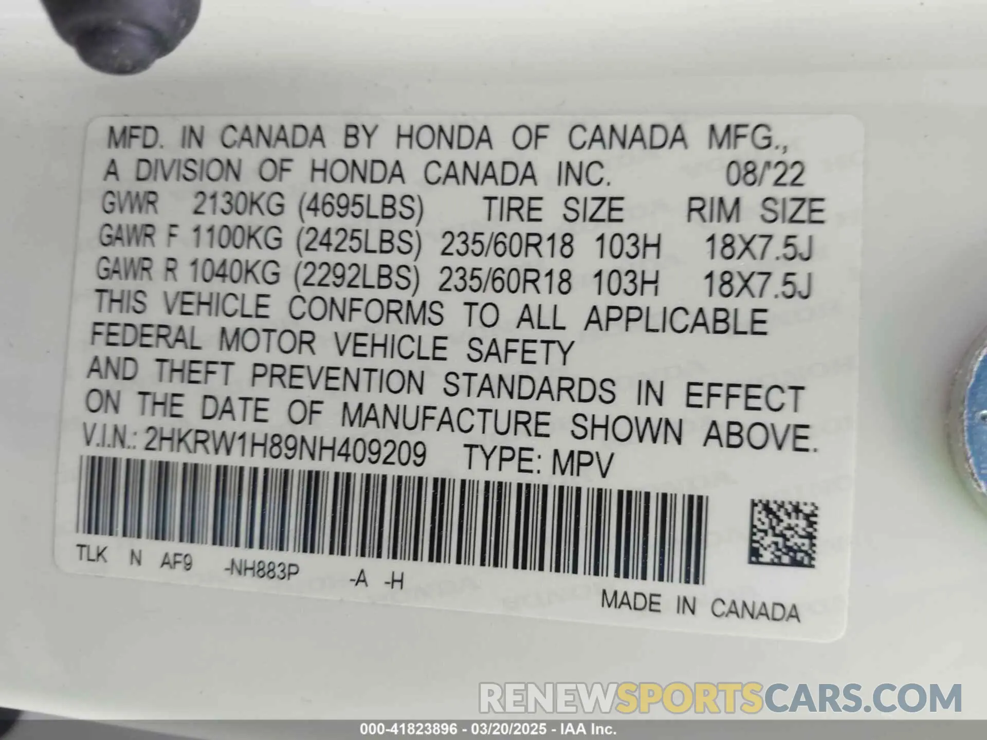 9 Photograph of a damaged car 2HKRW1H89NH409209 HONDA CR-V 2022