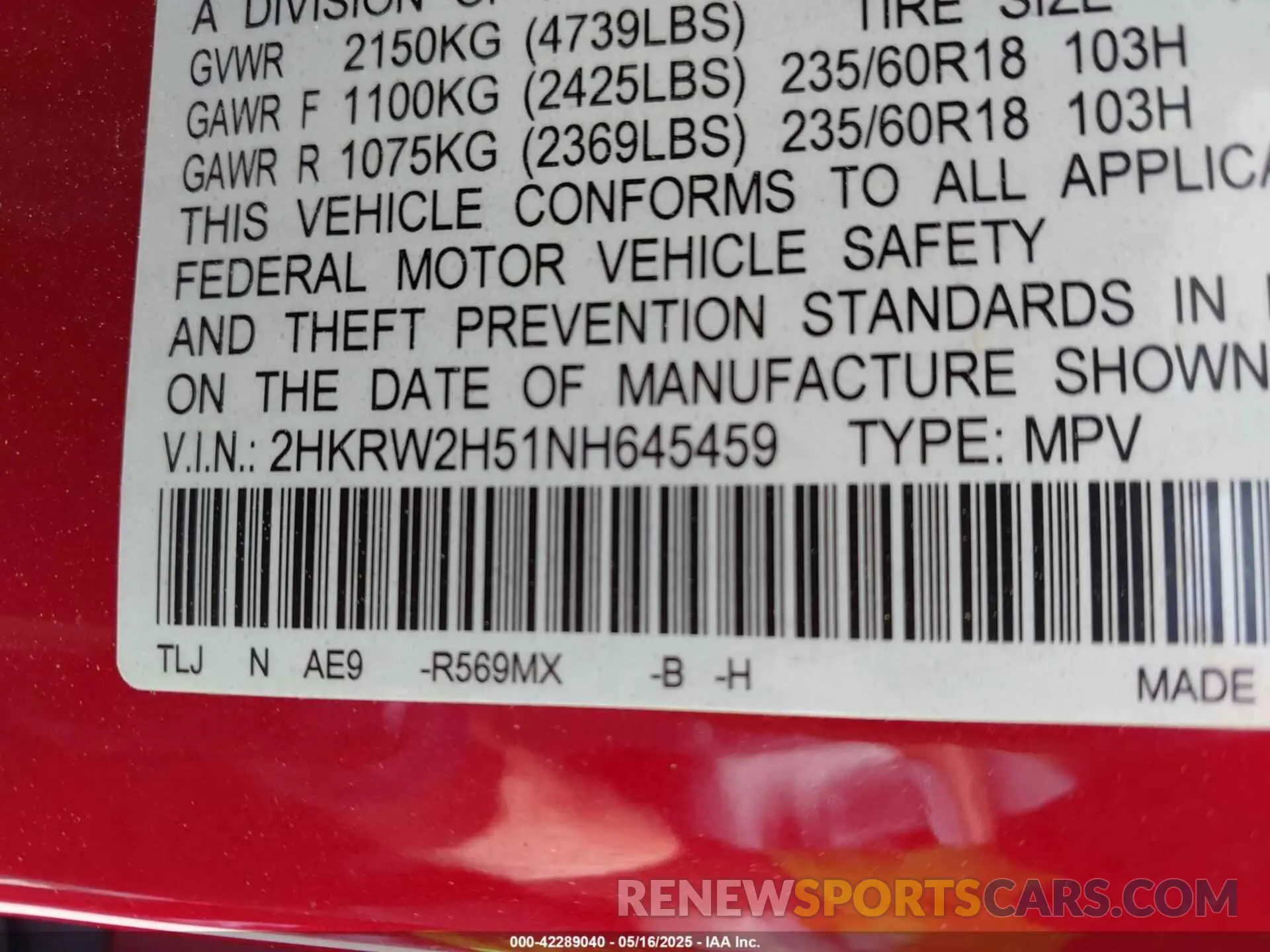 9 Photograph of a damaged car 2HKRW2H51NH645459 HONDA CR-V 2022