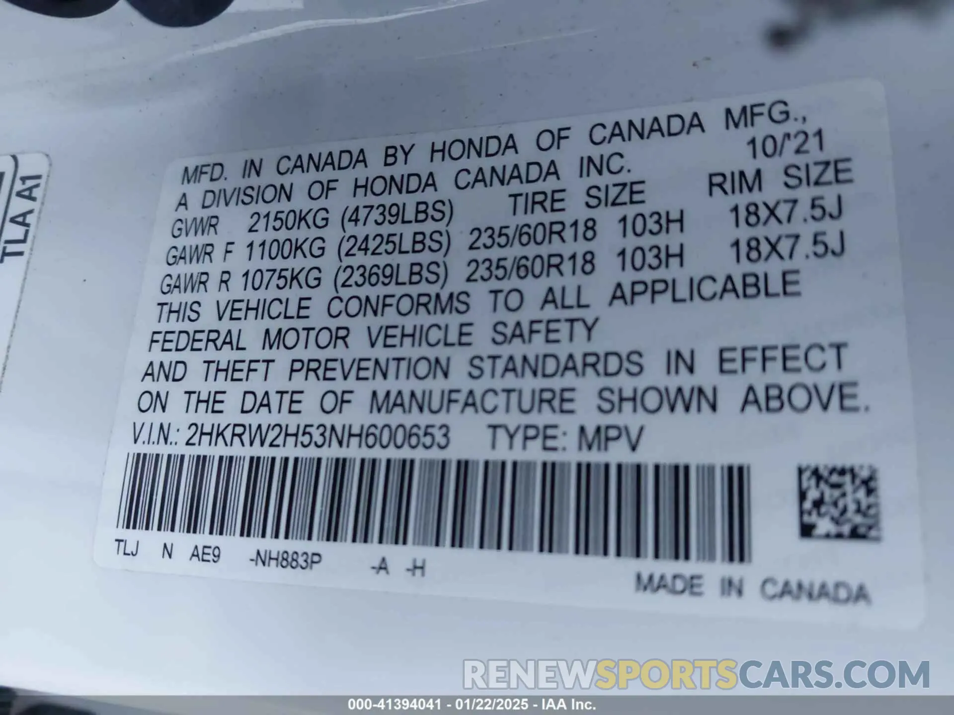 9 Фотография поврежденного автомобиля 2HKRW2H53NH600653 HONDA CR-V 2022
