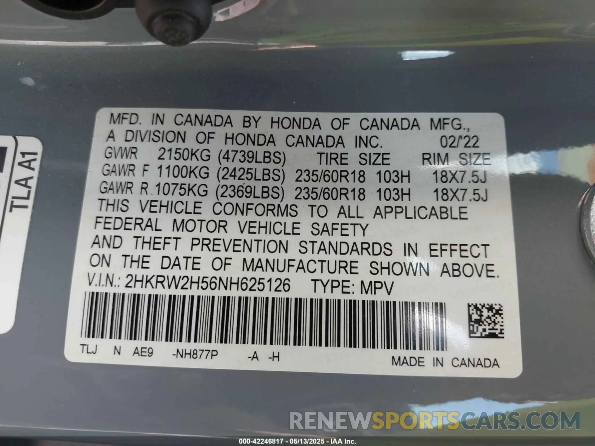 9 Фотография поврежденного автомобиля 2HKRW2H56NH625126 HONDA CR-V 2022