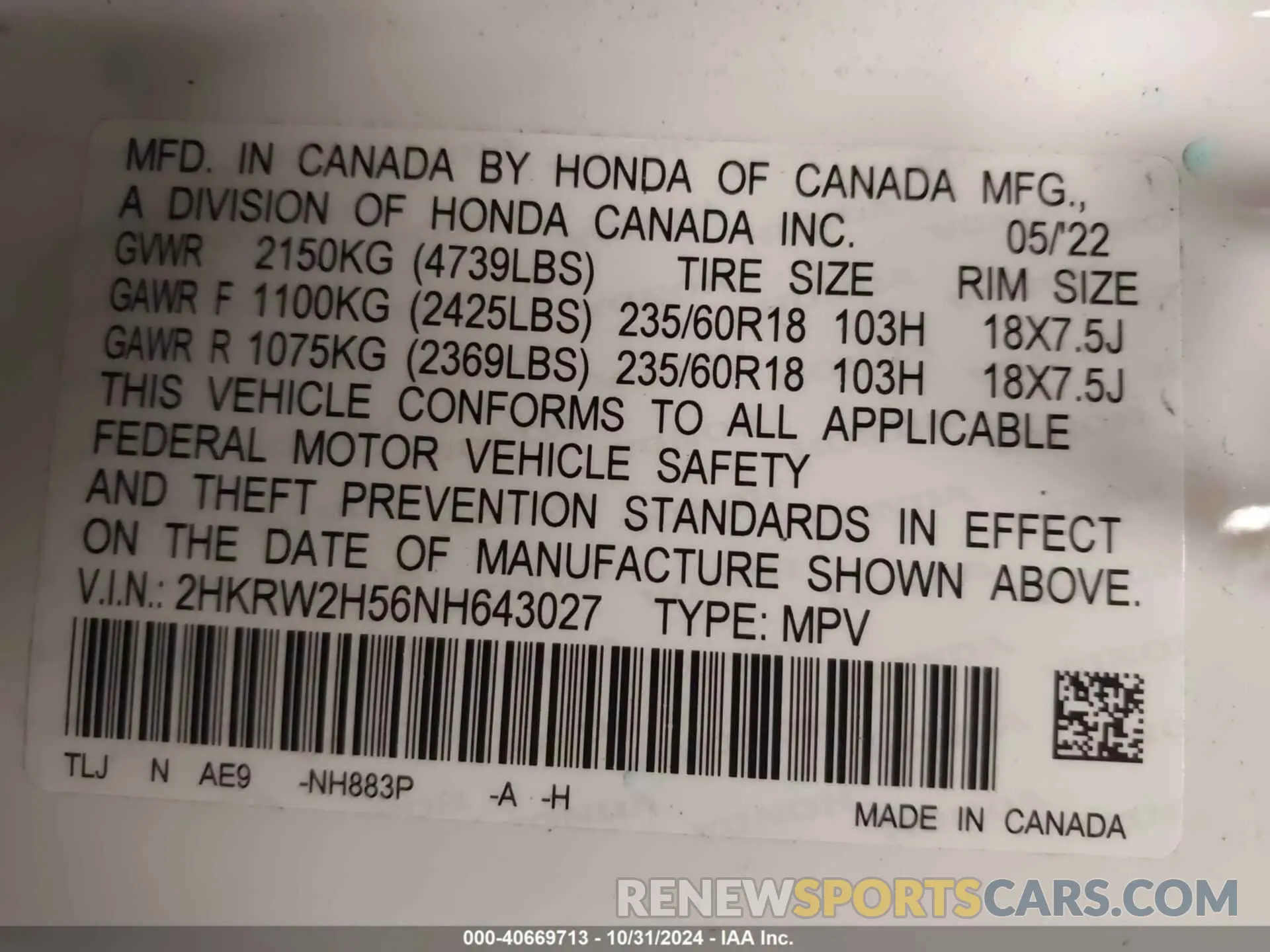 9 Фотография поврежденного автомобиля 2HKRW2H56NH643027 HONDA CR-V 2022