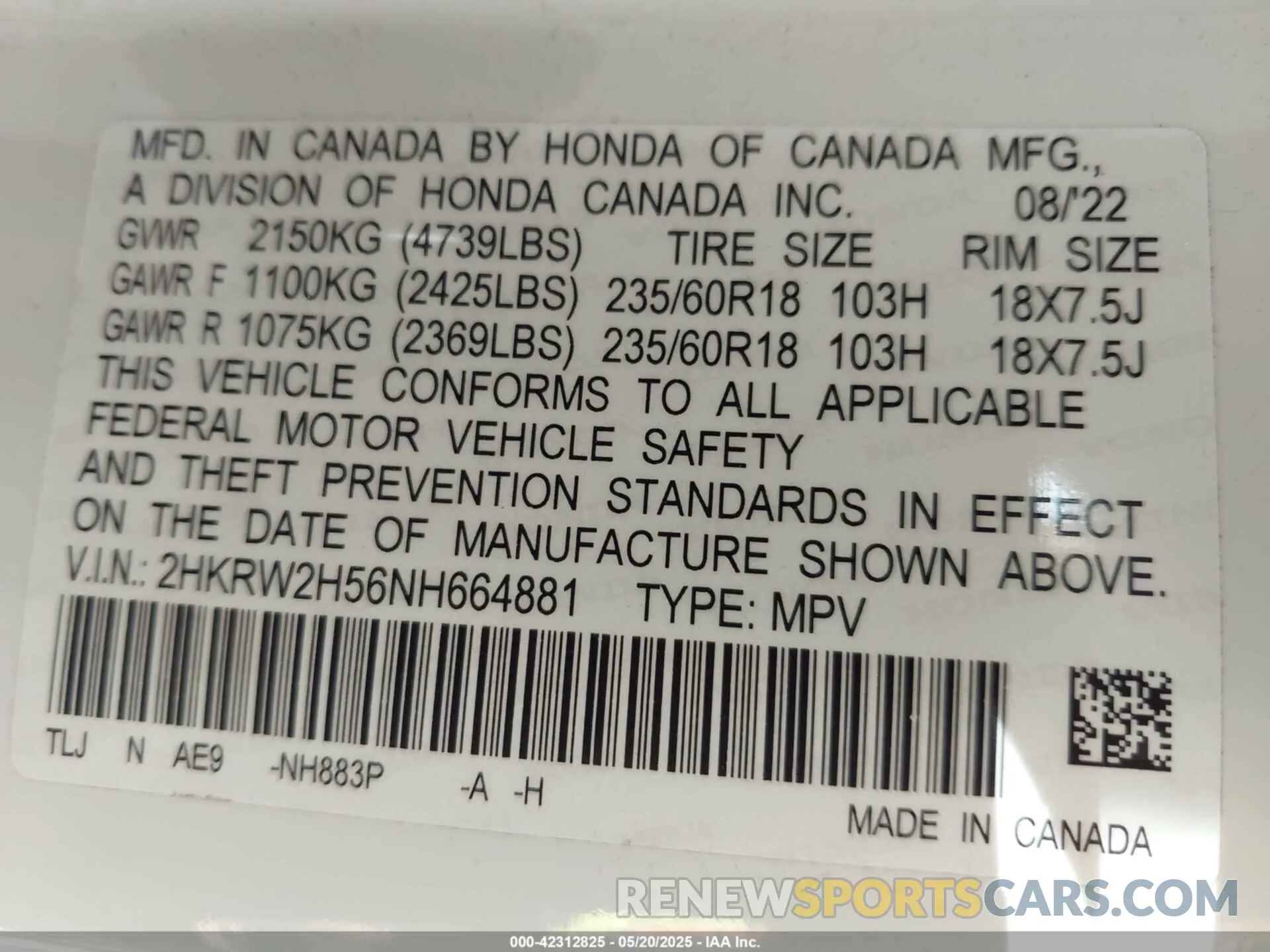 9 Photograph of a damaged car 2HKRW2H56NH664881 HONDA CR-V 2022