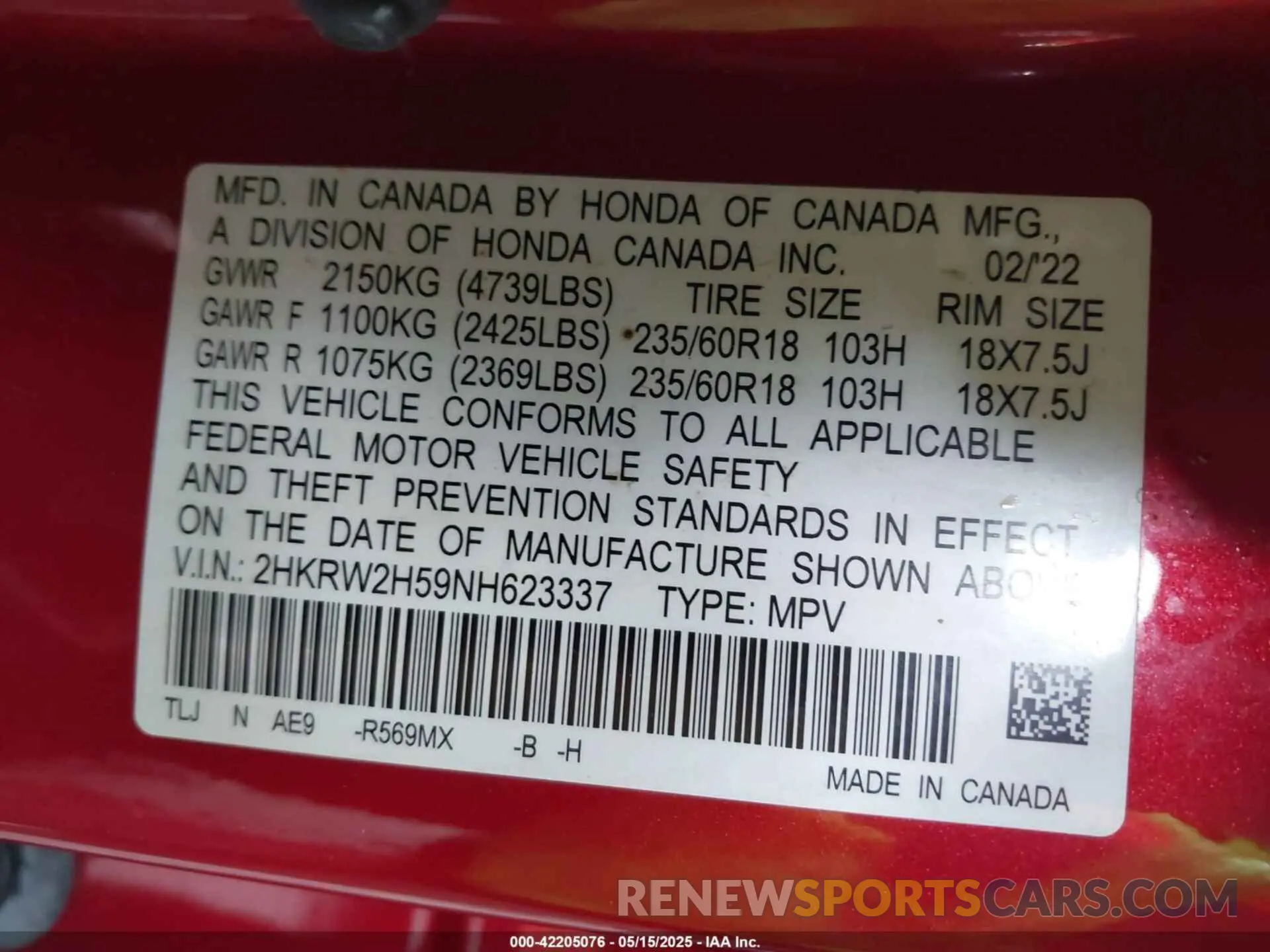 9 Фотография поврежденного автомобиля 2HKRW2H59NH623337 HONDA CR-V 2022