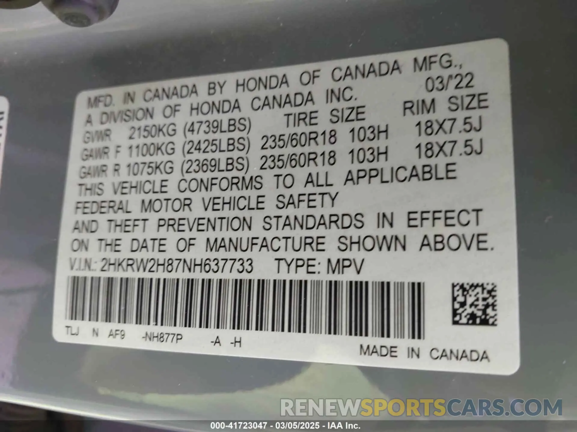 9 Photograph of a damaged car 2HKRW2H87NH637733 HONDA CR-V 2022