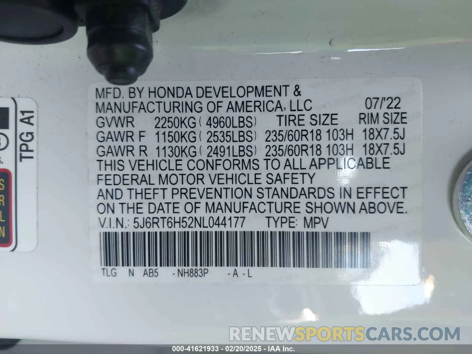 9 Photograph of a damaged car 5J6RT6H52NL044177 HONDA CR-V 2022