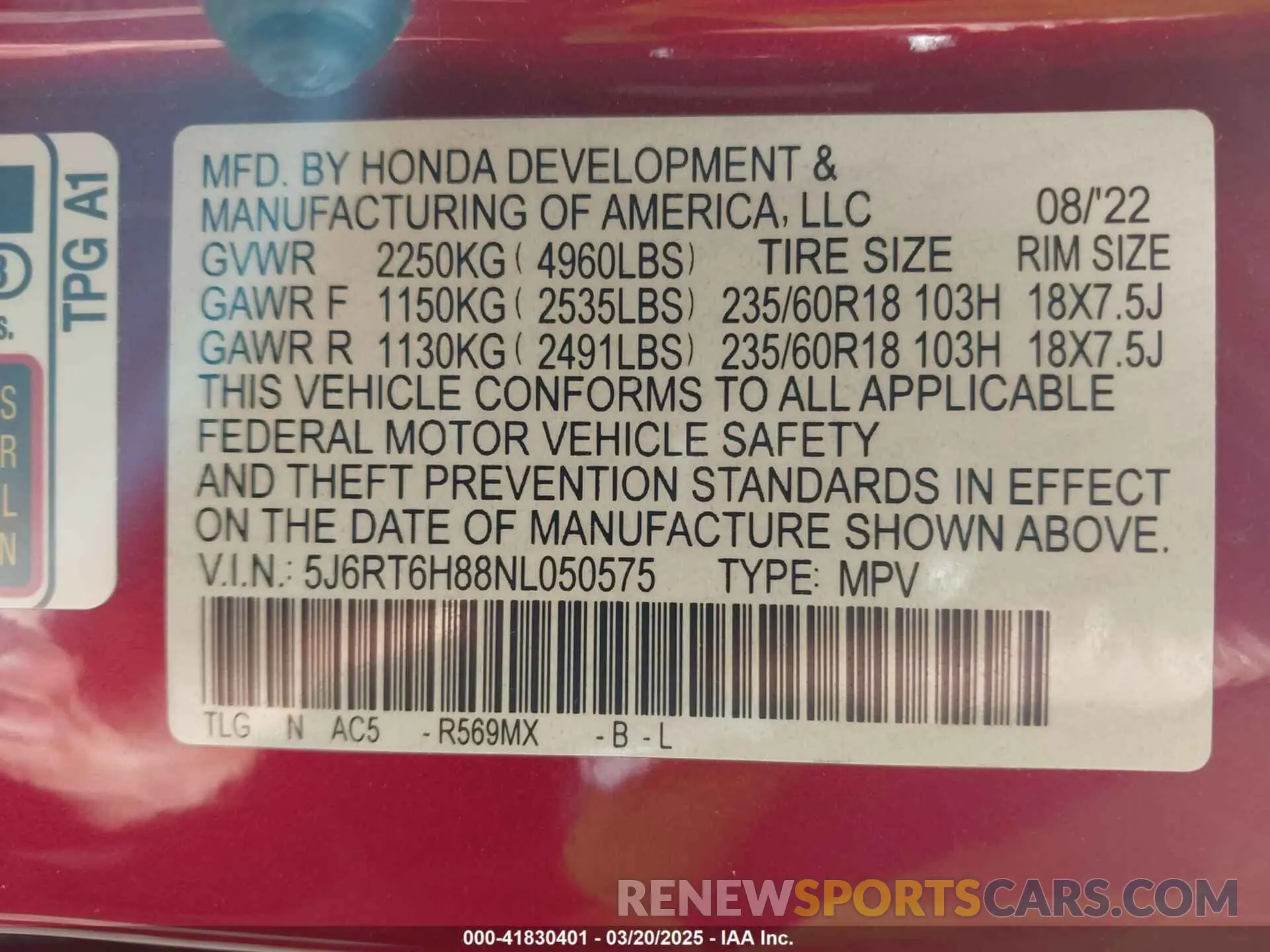 9 Фотография поврежденного автомобиля 5J6RT6H88NL050575 HONDA CR-V 2022