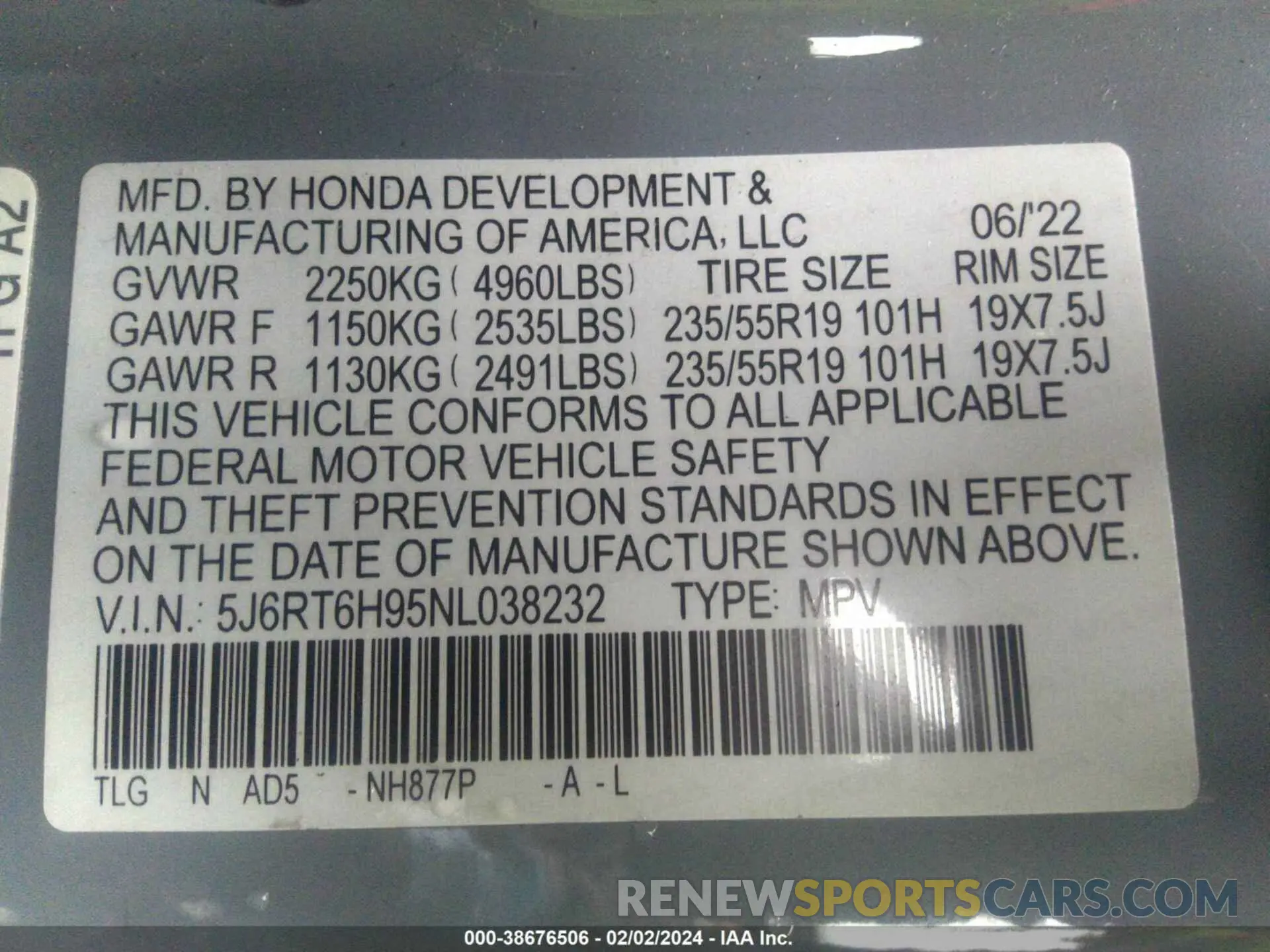 9 Photograph of a damaged car 5J6RT6H95NL038232 HONDA CR-V 2022