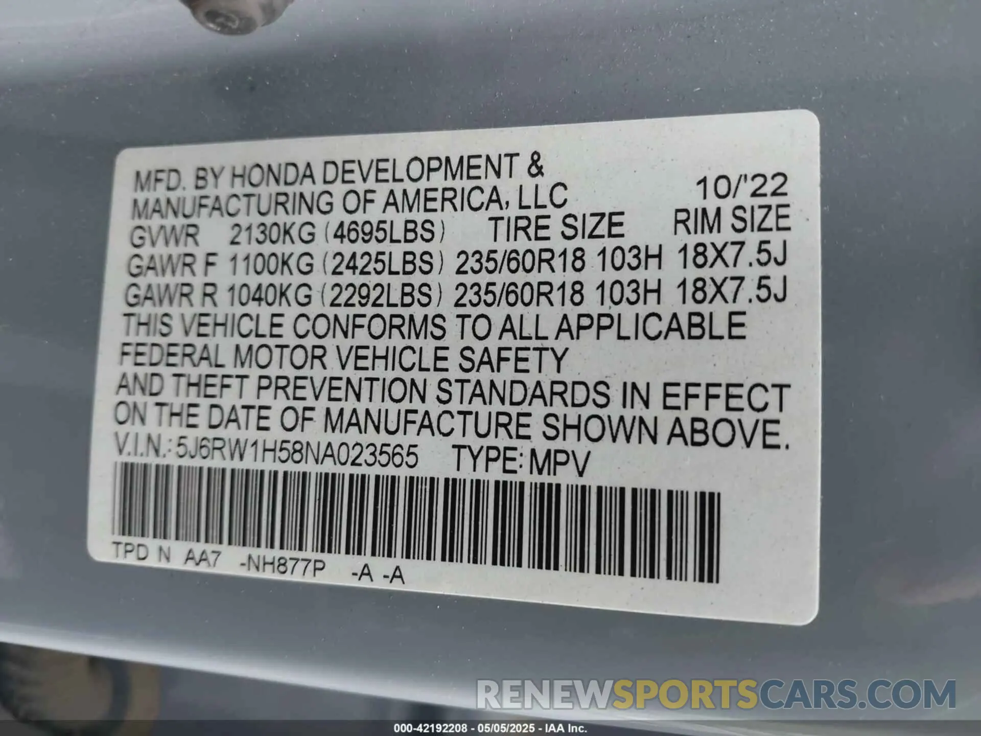 9 Фотография поврежденного автомобиля 5J6RW1H58NA023565 HONDA CR-V 2022