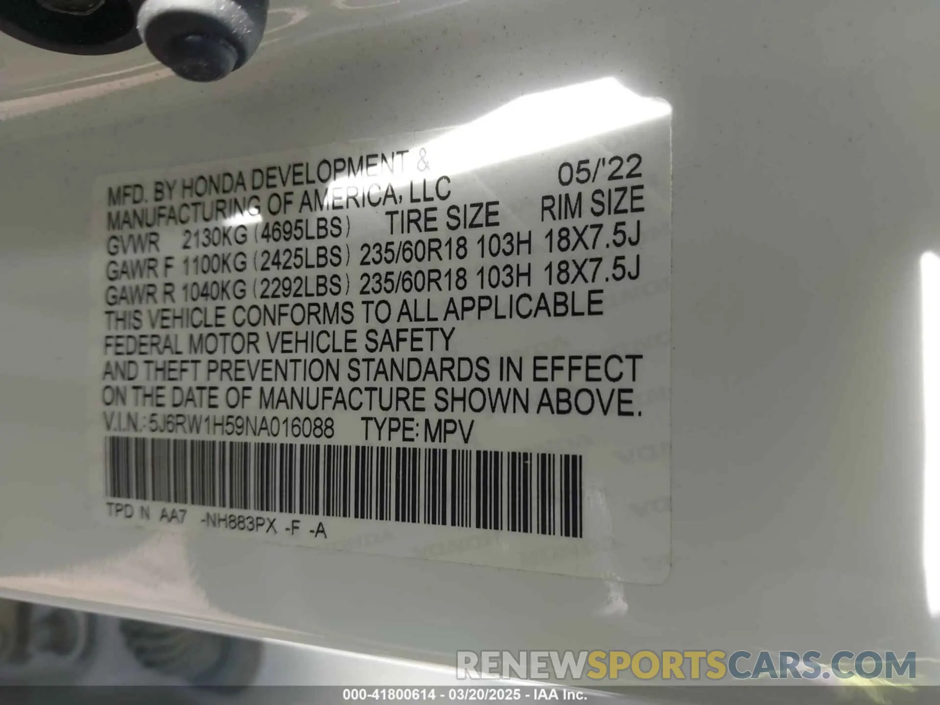 9 Фотография поврежденного автомобиля 5J6RW1H59NA016088 HONDA CR-V 2022