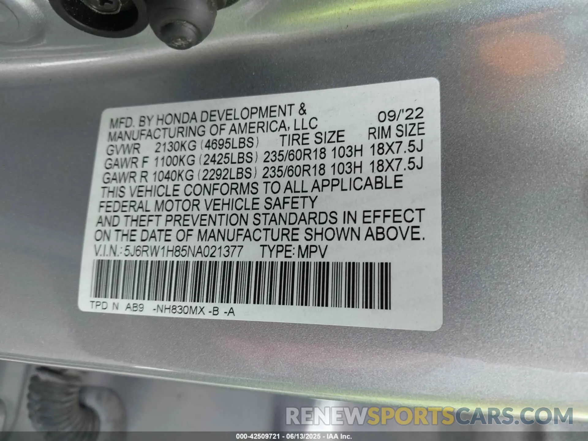 9 Photograph of a damaged car 5J6RW1H85NA021377 HONDA CR-V 2022
