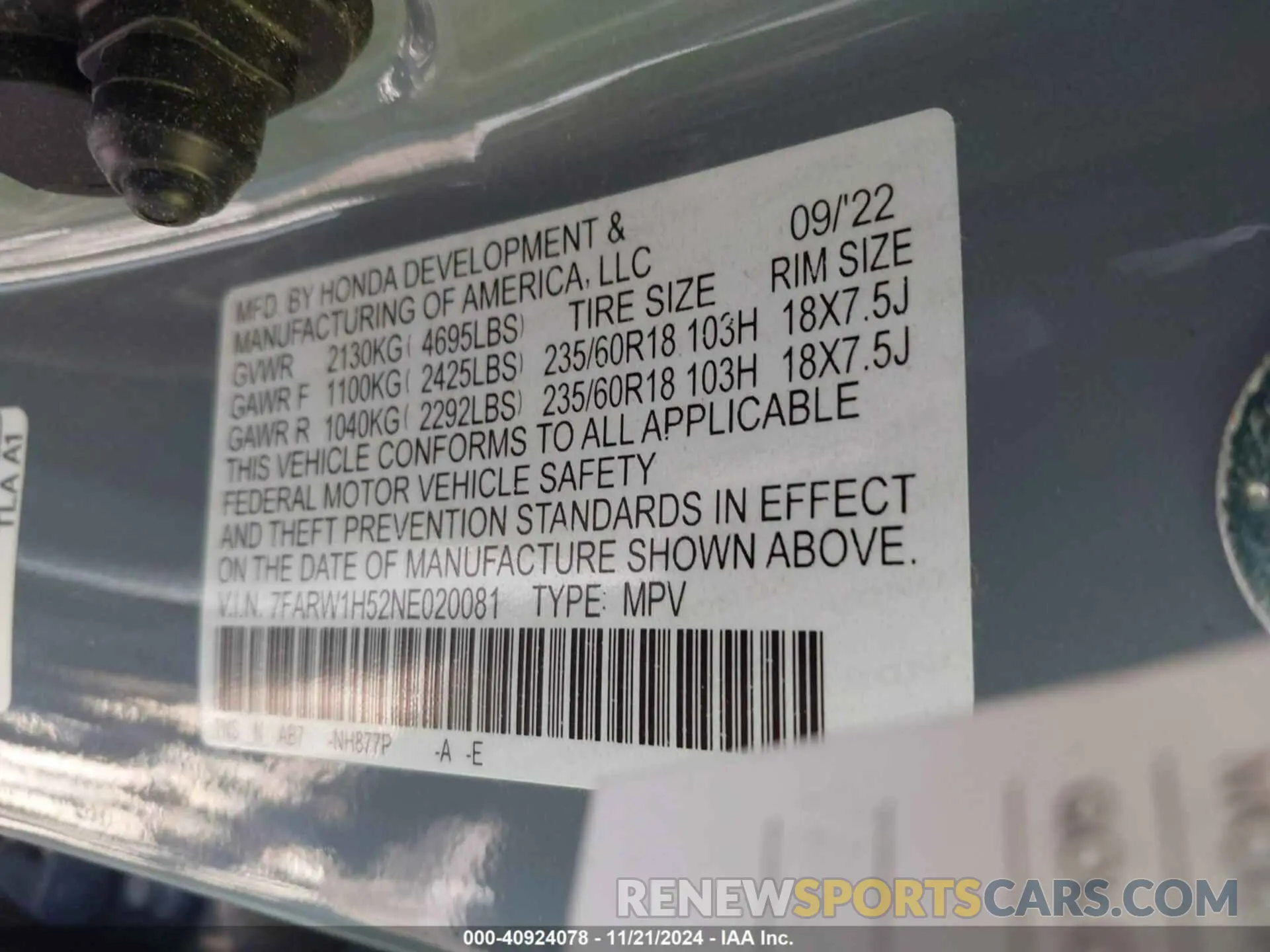 9 Фотография поврежденного автомобиля 7FARW1H52NE020081 HONDA CR-V 2022