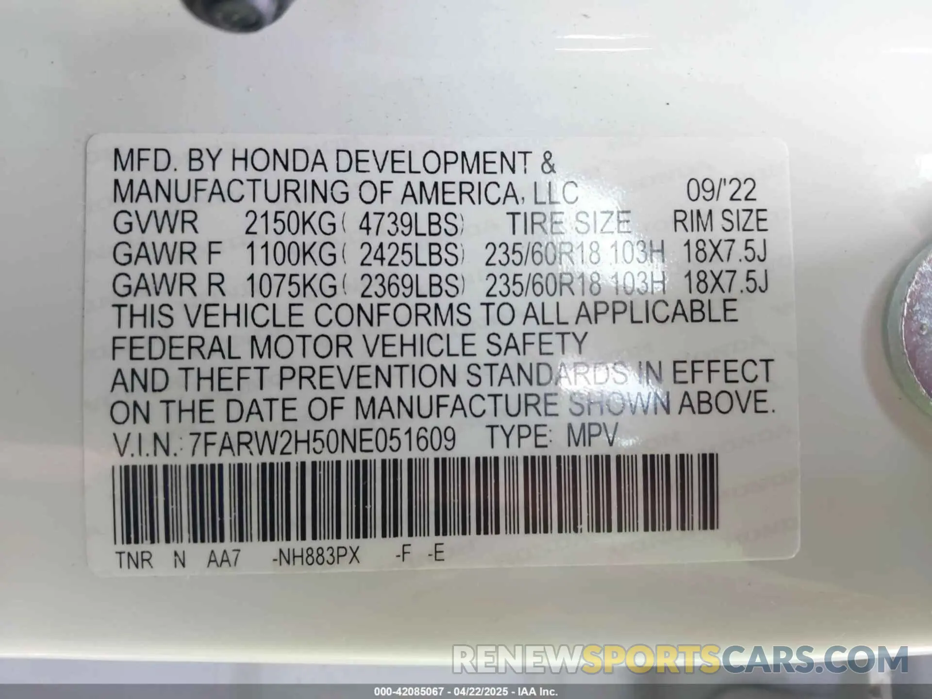 9 Фотография поврежденного автомобиля 7FARW2H50NE051609 HONDA CR-V 2022