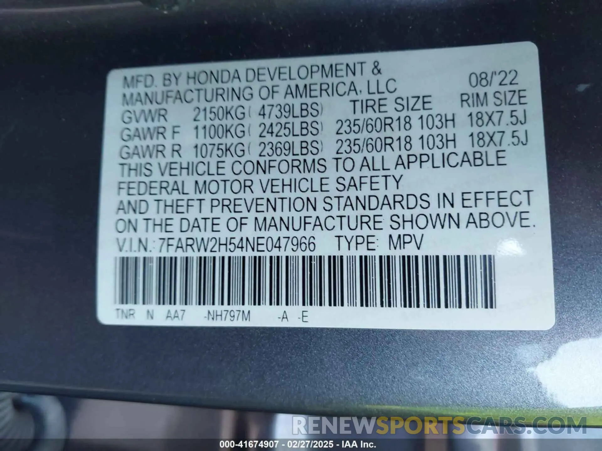9 Фотография поврежденного автомобиля 7FARW2H54NE047966 HONDA CR-V 2022