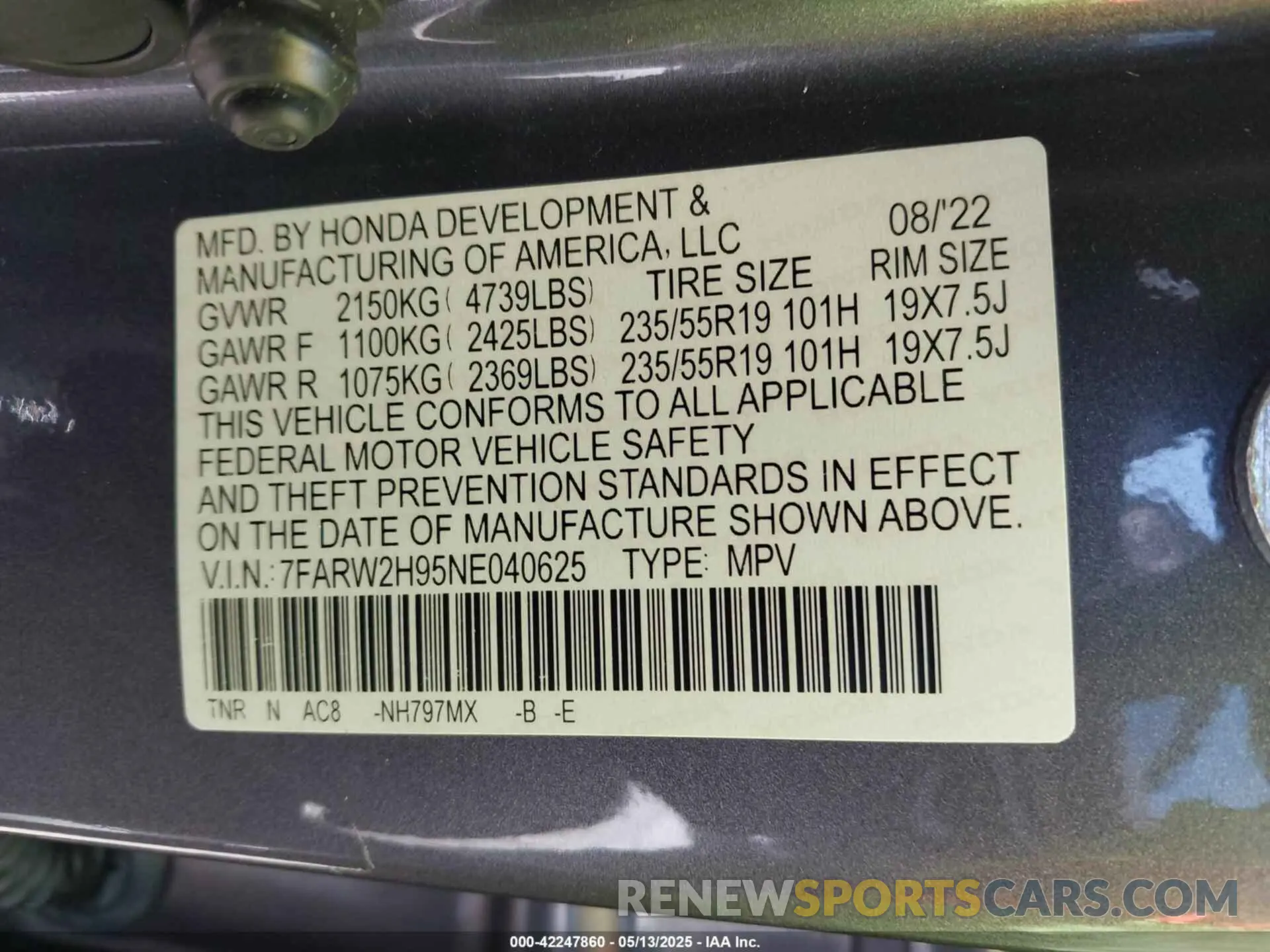 9 Фотография поврежденного автомобиля 7FARW2H95NE040625 HONDA CR-V 2022