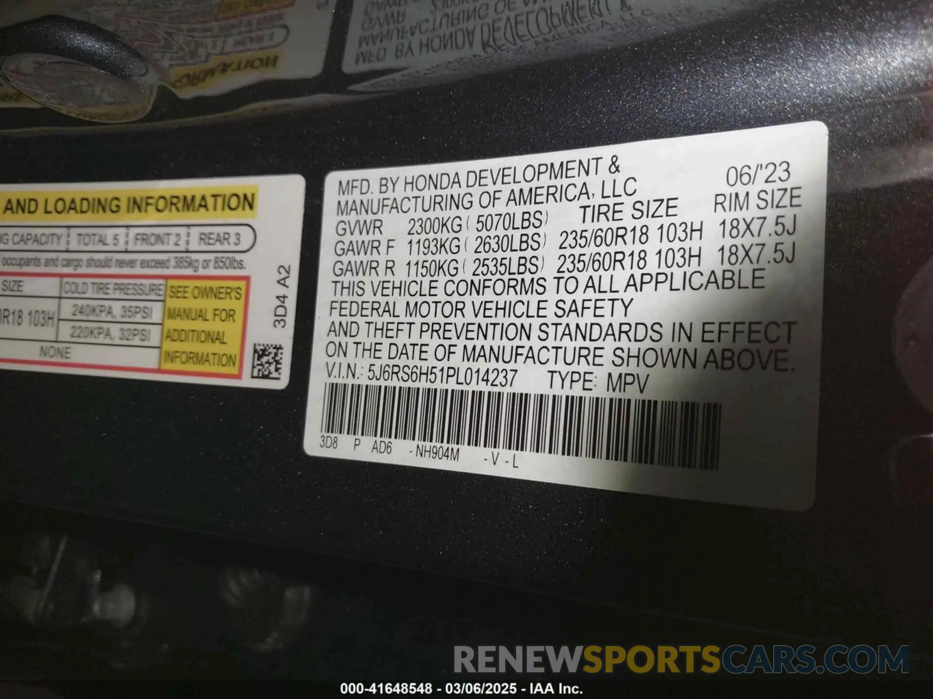 9 Фотография поврежденного автомобиля 5J6RS6H51PL014237 HONDA CR-V 2023