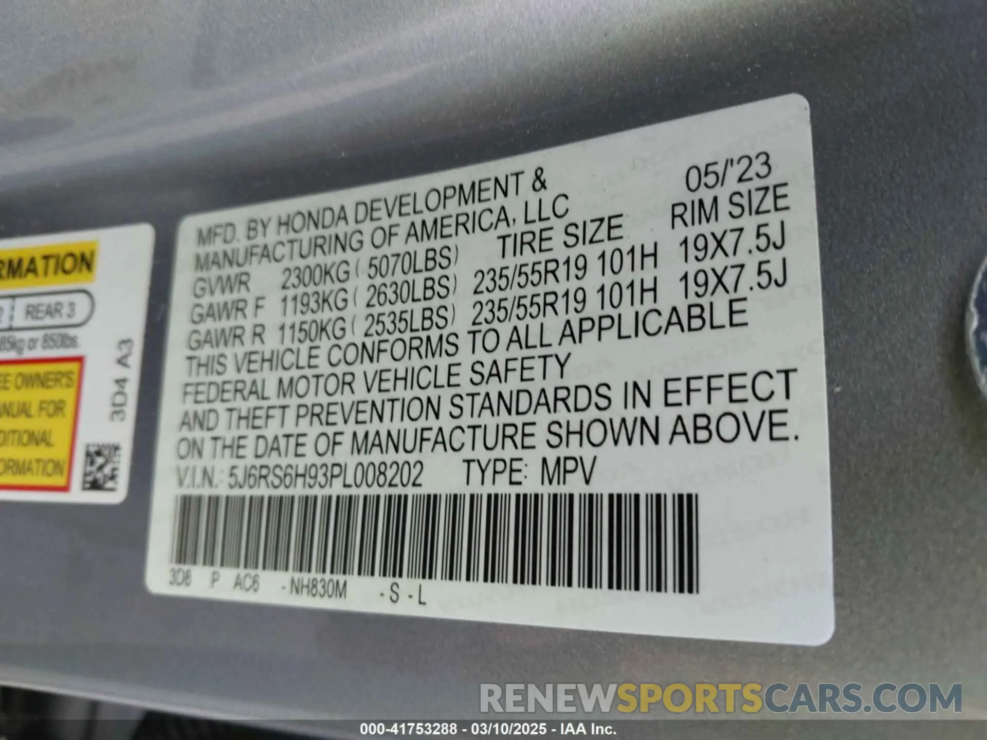 9 Фотография поврежденного автомобиля 5J6RS6H93PL008202 HONDA CR-V 2023