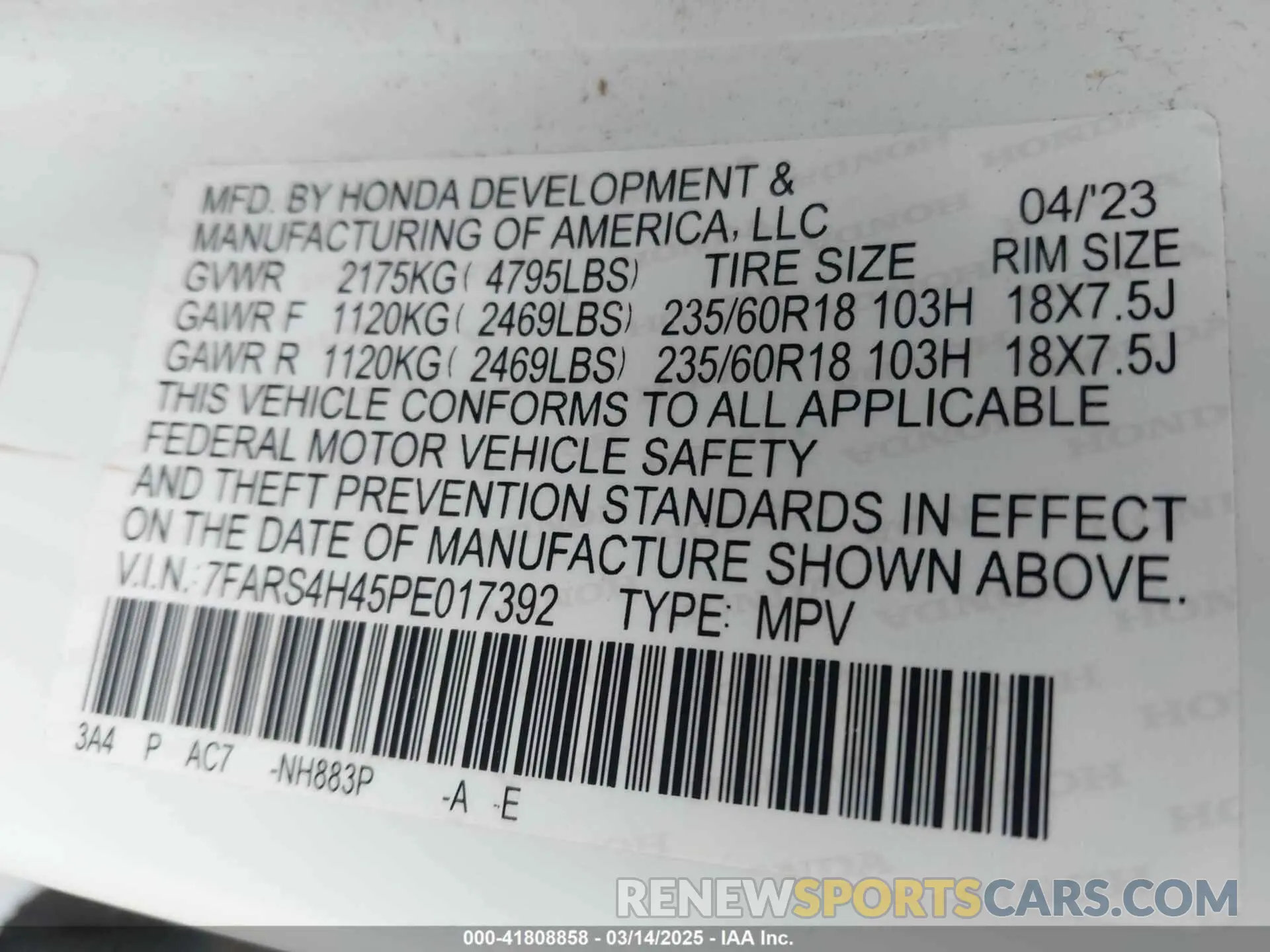 9 Фотография поврежденного автомобиля 7FARS4H45PE017392 HONDA CR-V 2023
