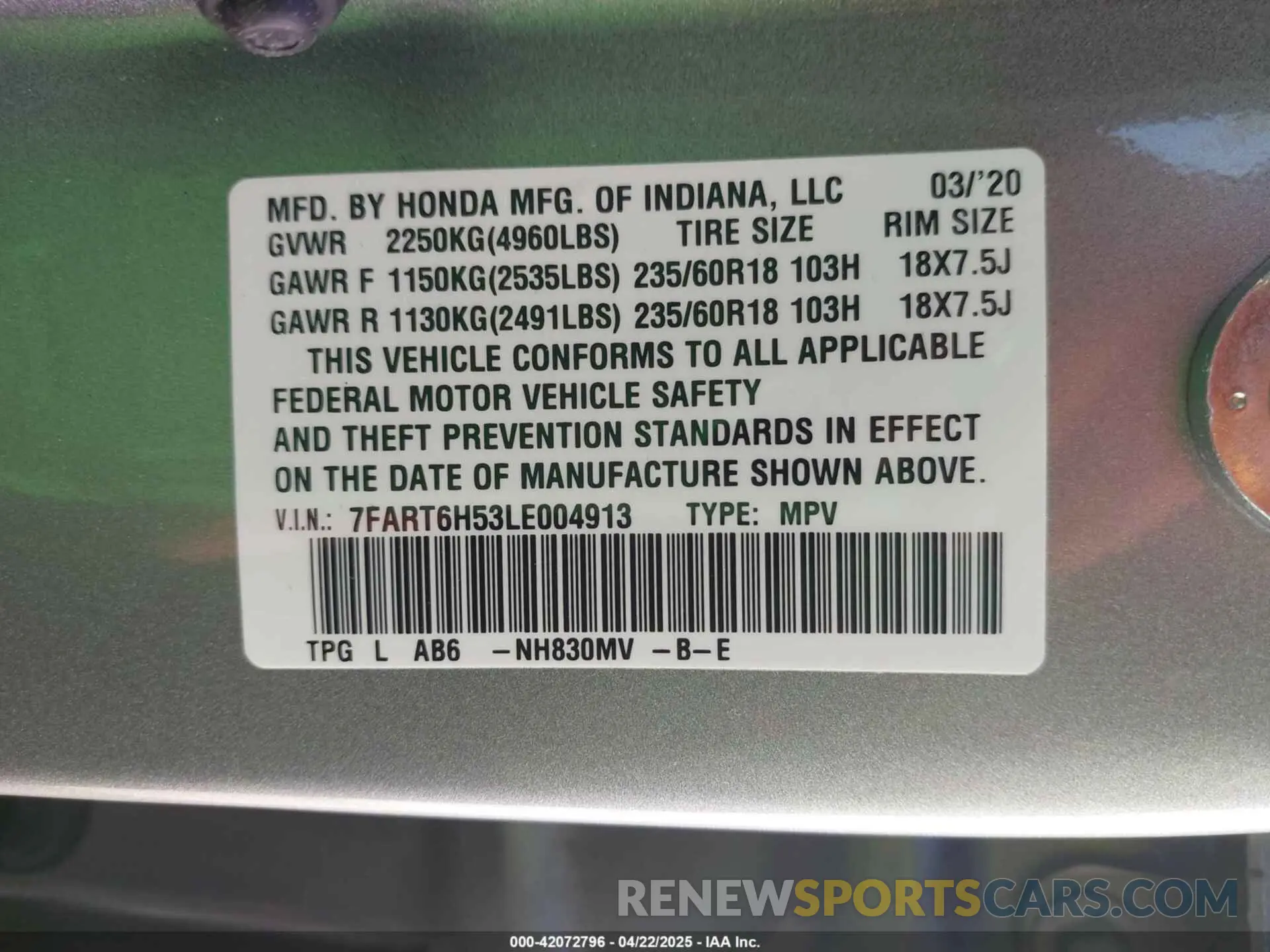 9 Photograph of a damaged car 7FART6H53LE004913 HONDA CR-V HYBRID 2020