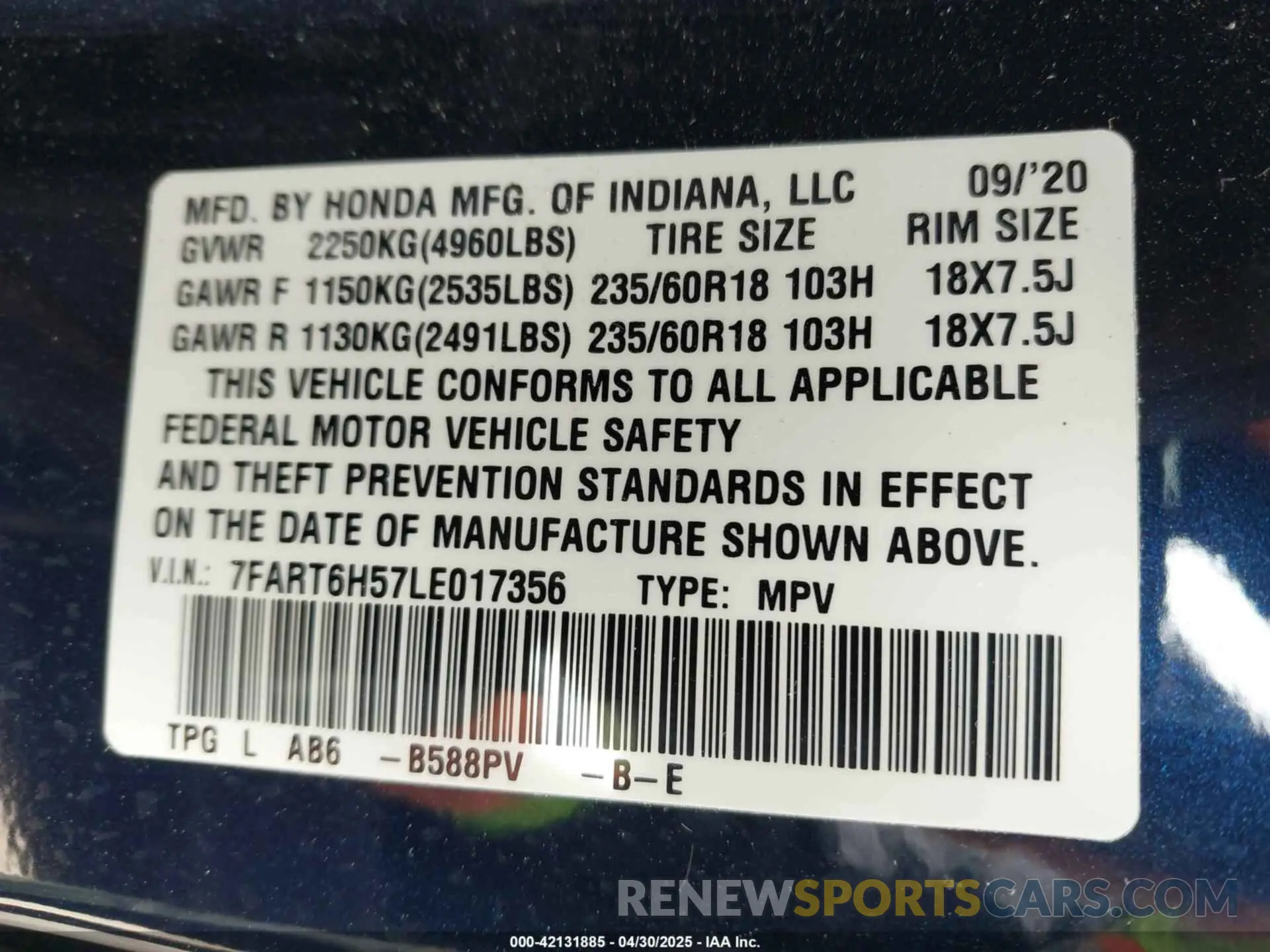 9 Photograph of a damaged car 7FART6H57LE017356 HONDA CR-V HYBRID 2020