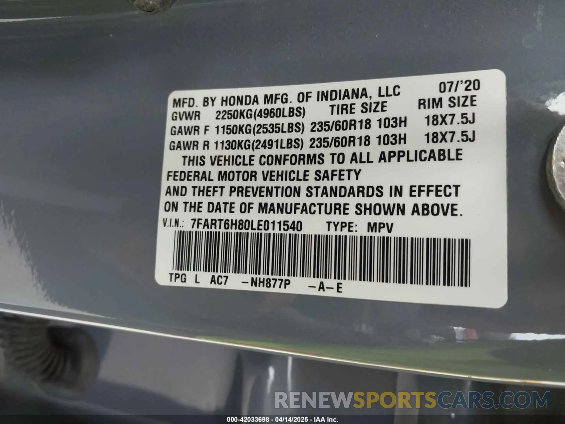 9 Photograph of a damaged car 7FART6H80LE011540 HONDA CR-V HYBRID 2020