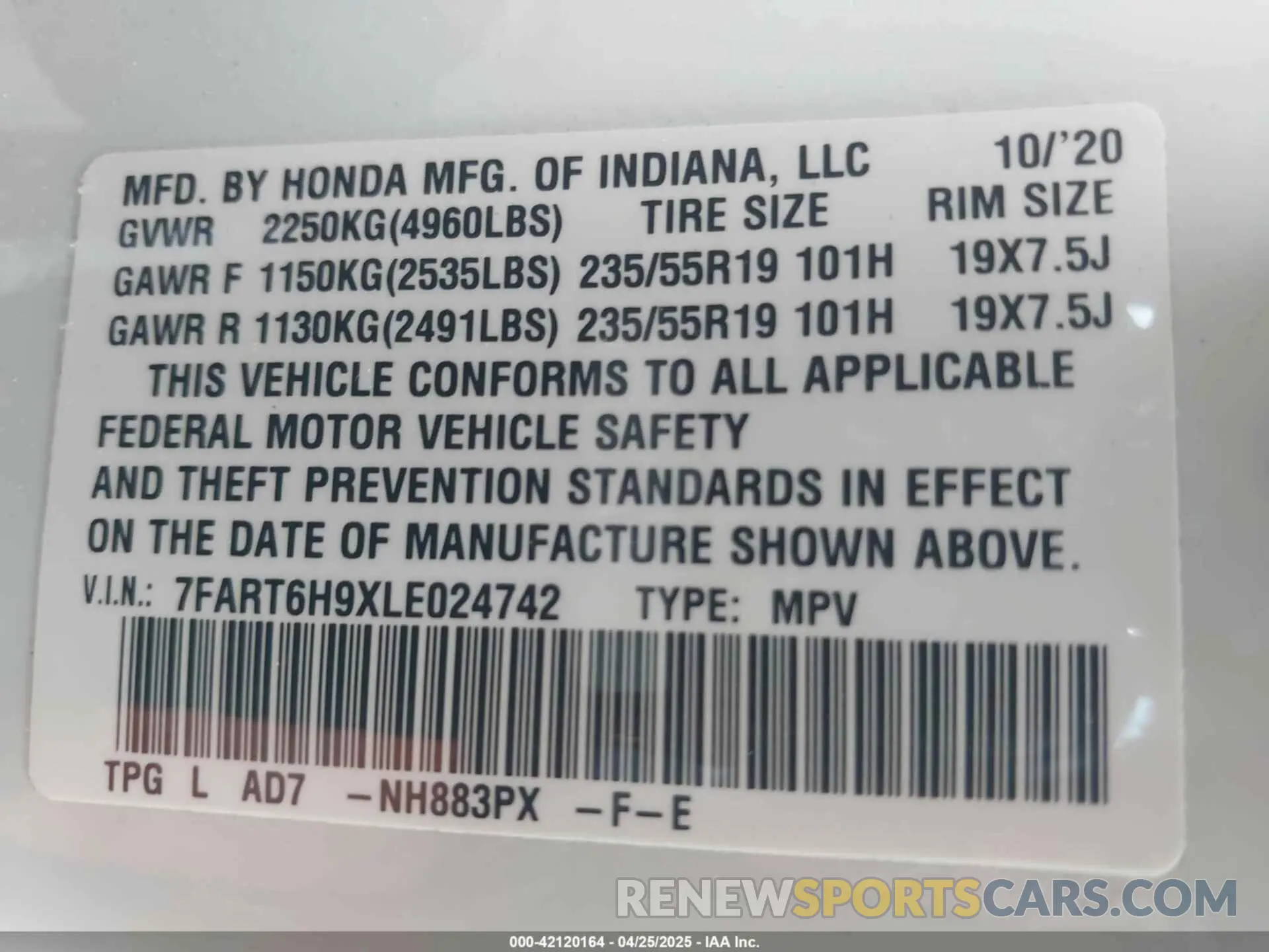 9 Фотография поврежденного автомобиля 7FART6H9XLE024742 HONDA CR-V HYBRID 2020