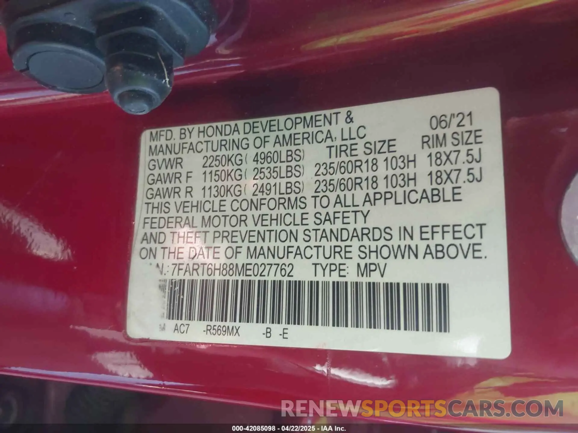 9 Фотография поврежденного автомобиля 7FART6H88ME027762 HONDA CR-V HYBRID 2021
