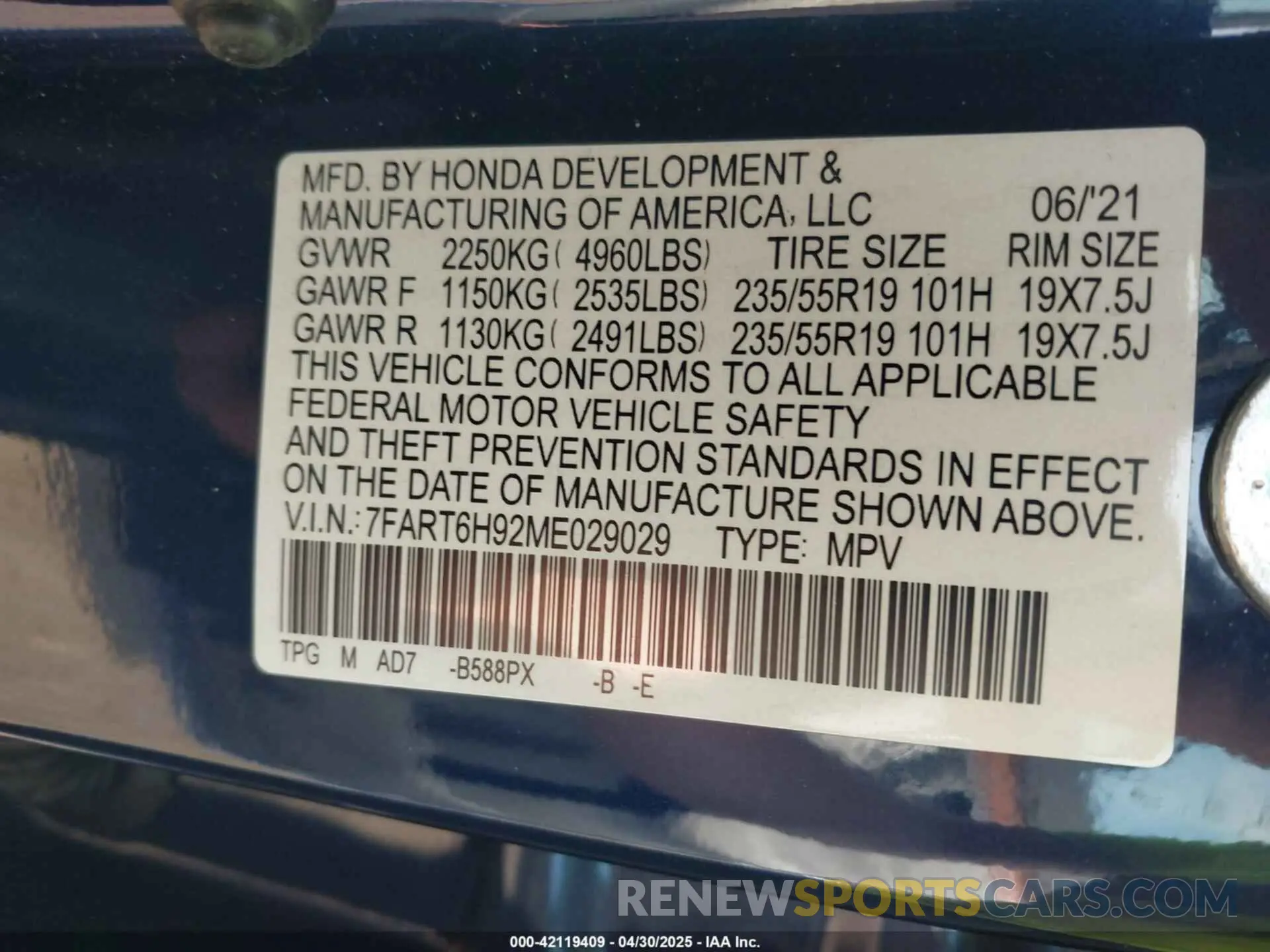 9 Фотография поврежденного автомобиля 7FART6H92ME029029 HONDA CR-V HYBRID 2021