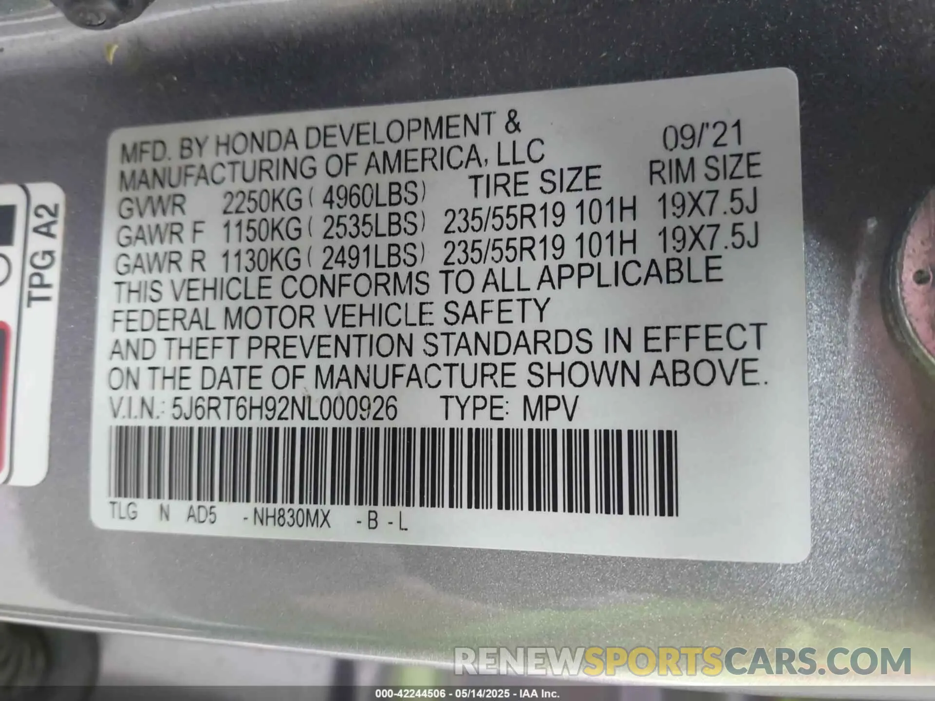 9 Photograph of a damaged car 5J6RT6H92NL000926 HONDA CR-V HYBRID 2022