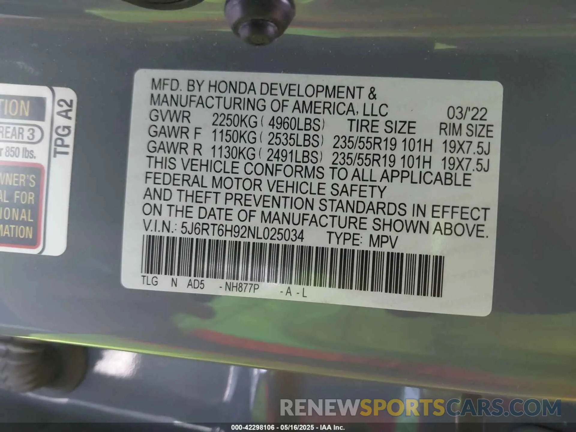 9 Фотография поврежденного автомобиля 5J6RT6H92NL025034 HONDA CR-V HYBRID 2022